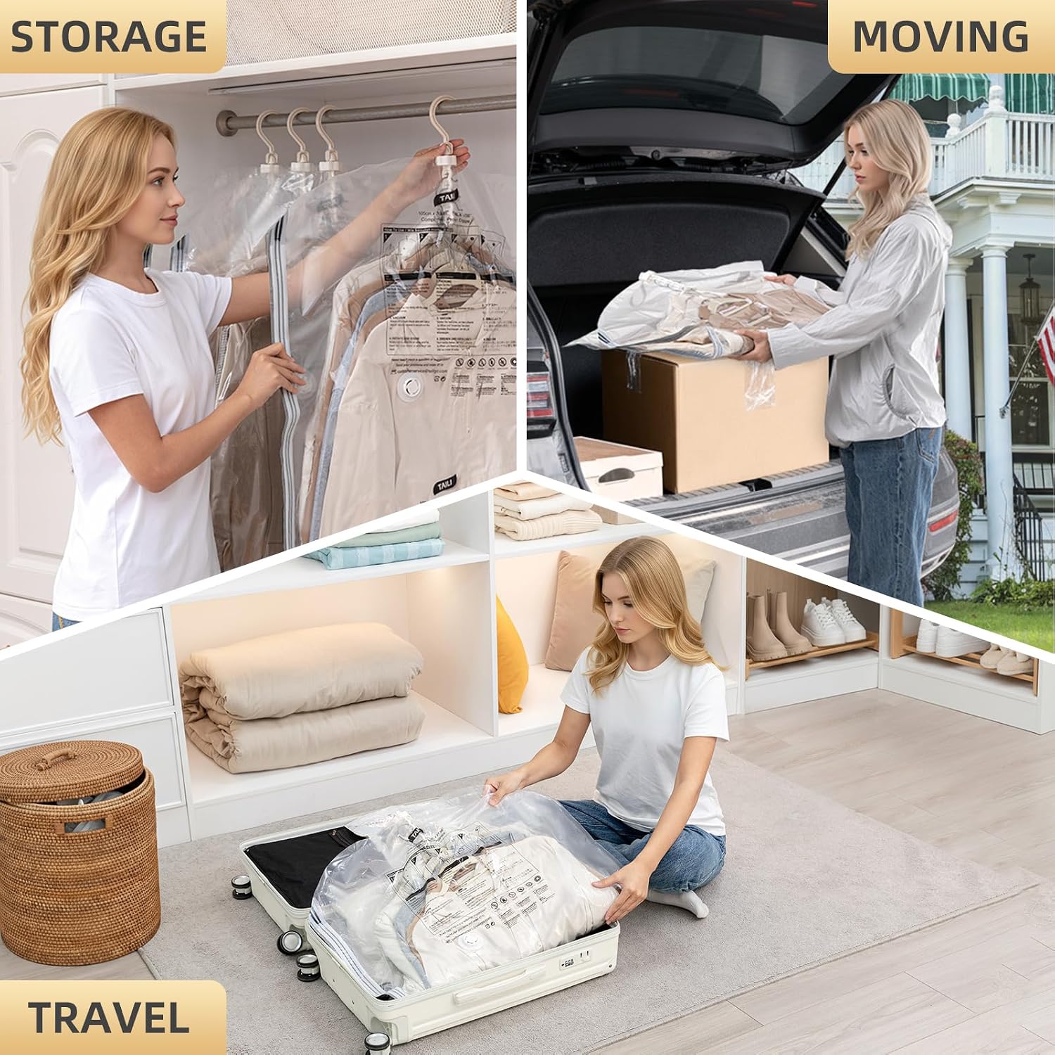 TAILI Hanging Vacuum Storage Bags, Space Save Vacuum seal bags for Clothing Travel, Suits and Jackets, Winter Coat Storage Closet Organizers, Set of 4 (2 Long, 2 Short), Clear