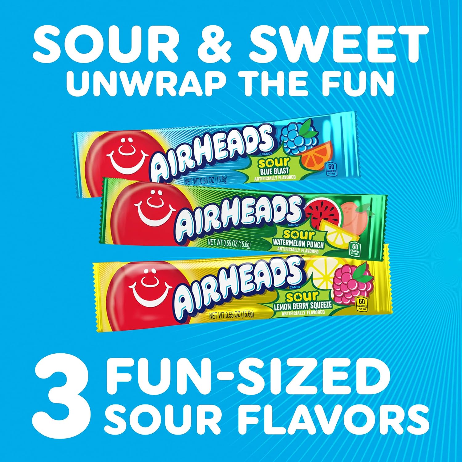 Airheads Full-Size Candy Bars, Assorted Taffy Variety Pack, 60 Count Box | Individually Wrapped Bulk Candy, Six Assorted Fruit Flavors, Artificially Flavored