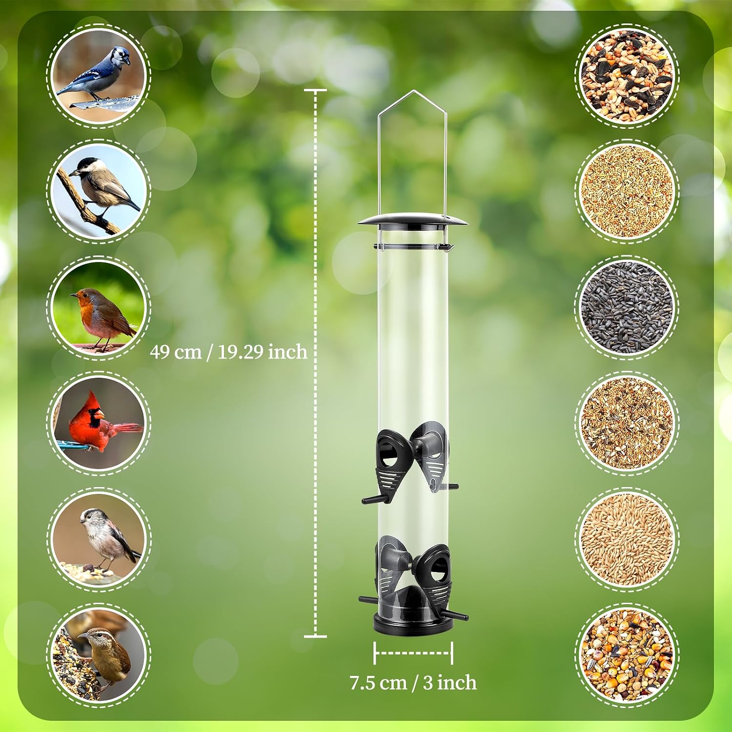 Backyard Expressions Tall Tube Bird Feeder - Durable Hanging Wild Bird Feeder for Wild Birds - 16" Tall, 4-Port Design