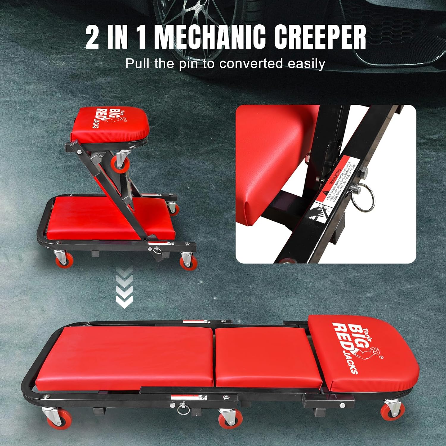 BIG RED Rolling Garage/Shop Creeper: 2-Piece, 36" Padded Mechanic Cart with Headrest and 6 Casters, Red,AR7565B,Torin