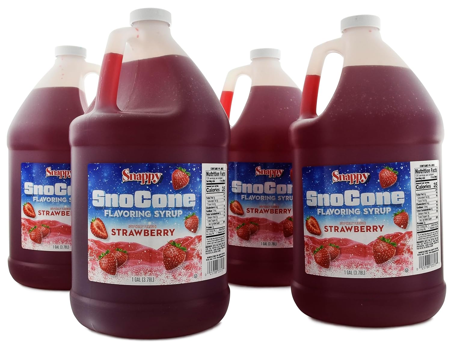 Snappy Strawberry Sno Cone Syrup, 1 Gallon 4 Pack, Ready to Use for Snow Cone Machines and Shaved Ice
