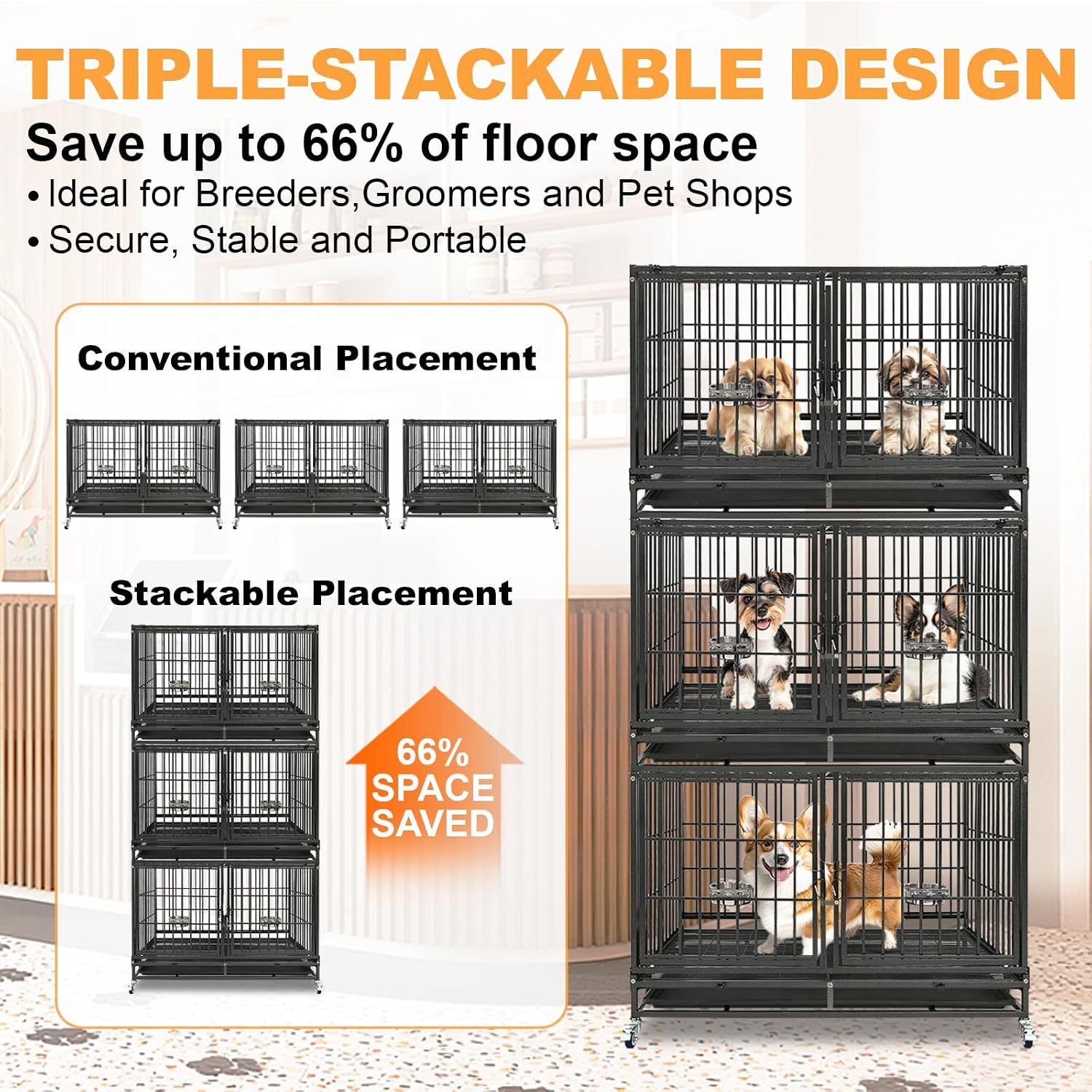 Homey Pet Three Tiers 43 inch Heavy Duty Dog Crate with Wheels, Dual Doors | Stackable Indestructible Steel Dog Cage Kennel Indoor with Divider, Trays, Bowls, Escape Proof Locks for Breeders and More