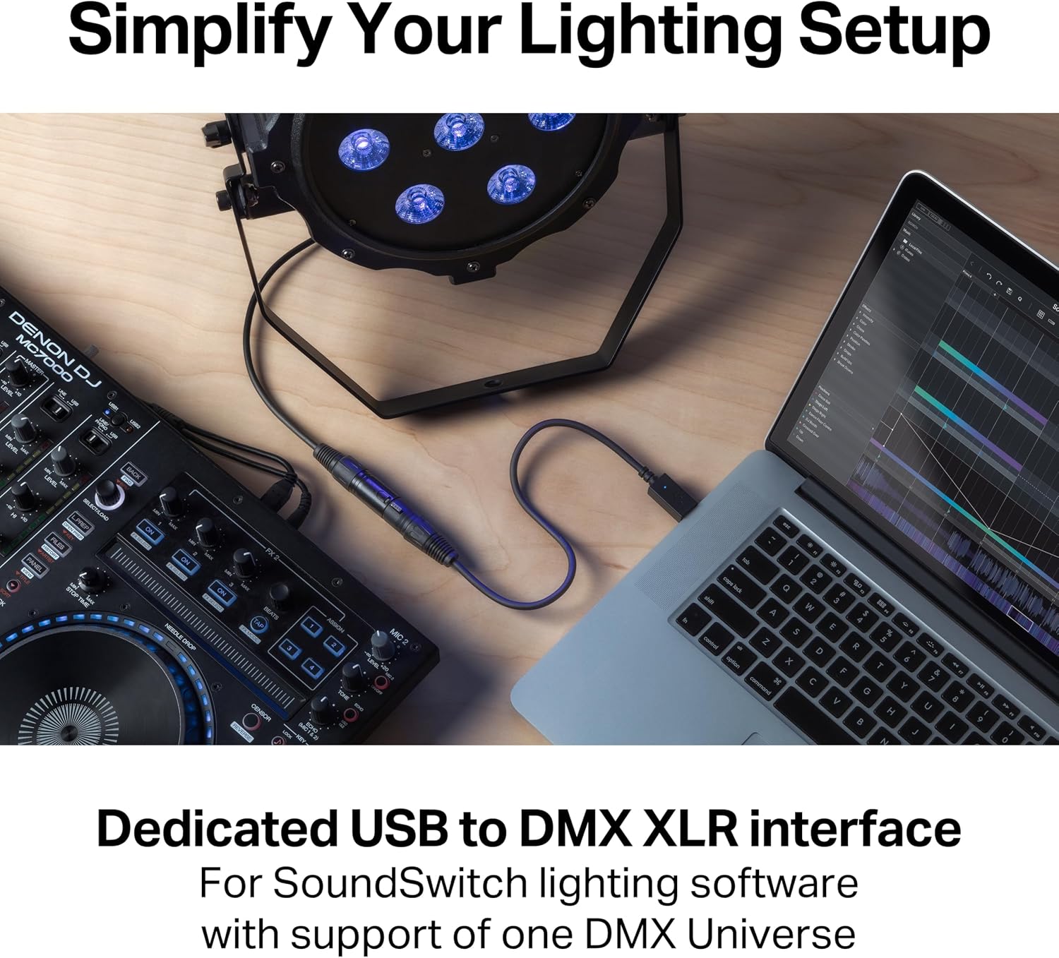 DJ Controller & DMX Bundle - 4 Deck DJ Set with Capacitive Touch Jog Wheels & Audio Interface - Numark Mixtrack Platinum FX & SoundSwitch DMX