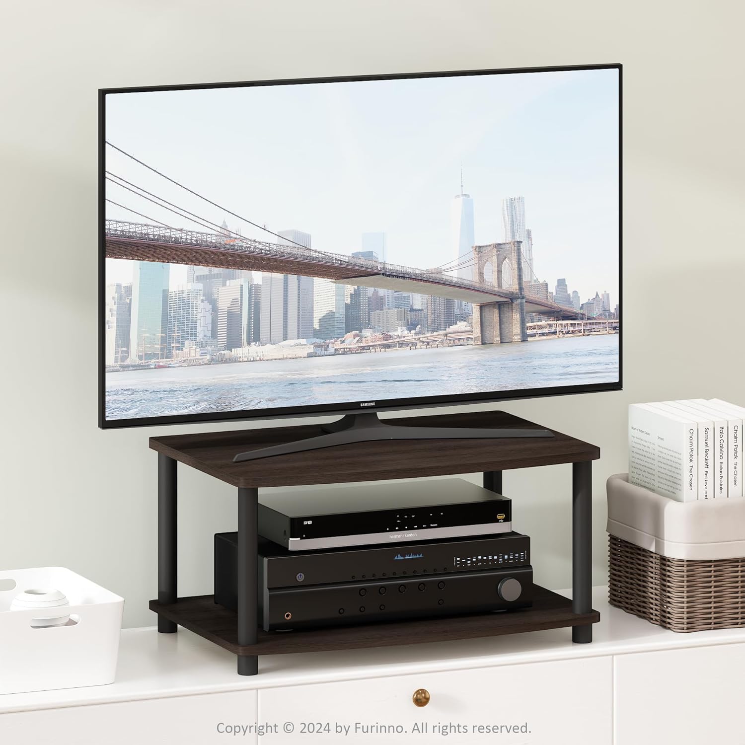 Furinno Turn-N-Tube TV Riser Stand, 2-Tier Small Elevated No Tools TV Stand, TV Console for TV up to 32 inch, 15.8 x 23.8 x 11, for Living Room, Bedroom, French Oak/Black