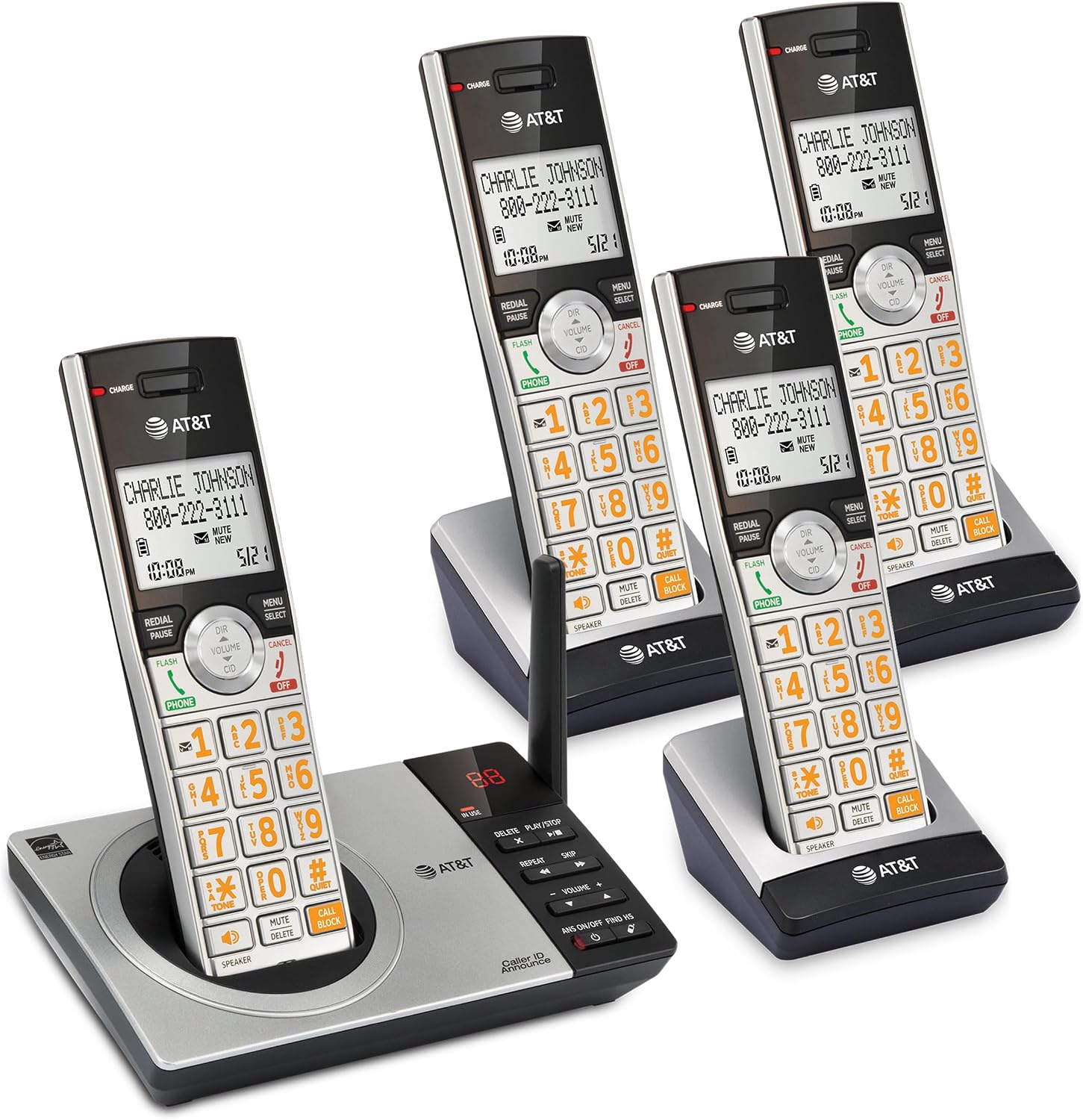 AT&T DECT 6.0 Expandable Cordless Phone with Answering System, Silver/Black with 3 Handsets
