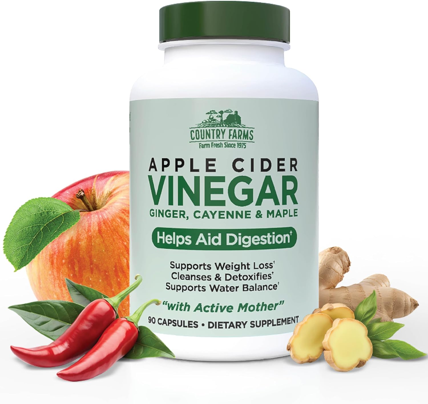 Country Farms Apple Cider Vinegar Capsules, with Ginger, Cayenne and Maple, Helps Aid Digestion, Supports Healthy Weight Loss, Cleanses and Detoxifies