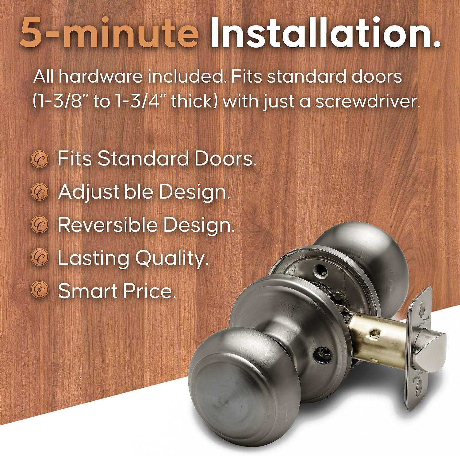 Copper Creek Colonial Privacy Interior Door Knob – ANSI Grade-3 Certified, Modern Heavy Duty Handle, Easy Install and Reversible for Bedroom, Bathroom and Closets – Satin Stainless (1 Pack)