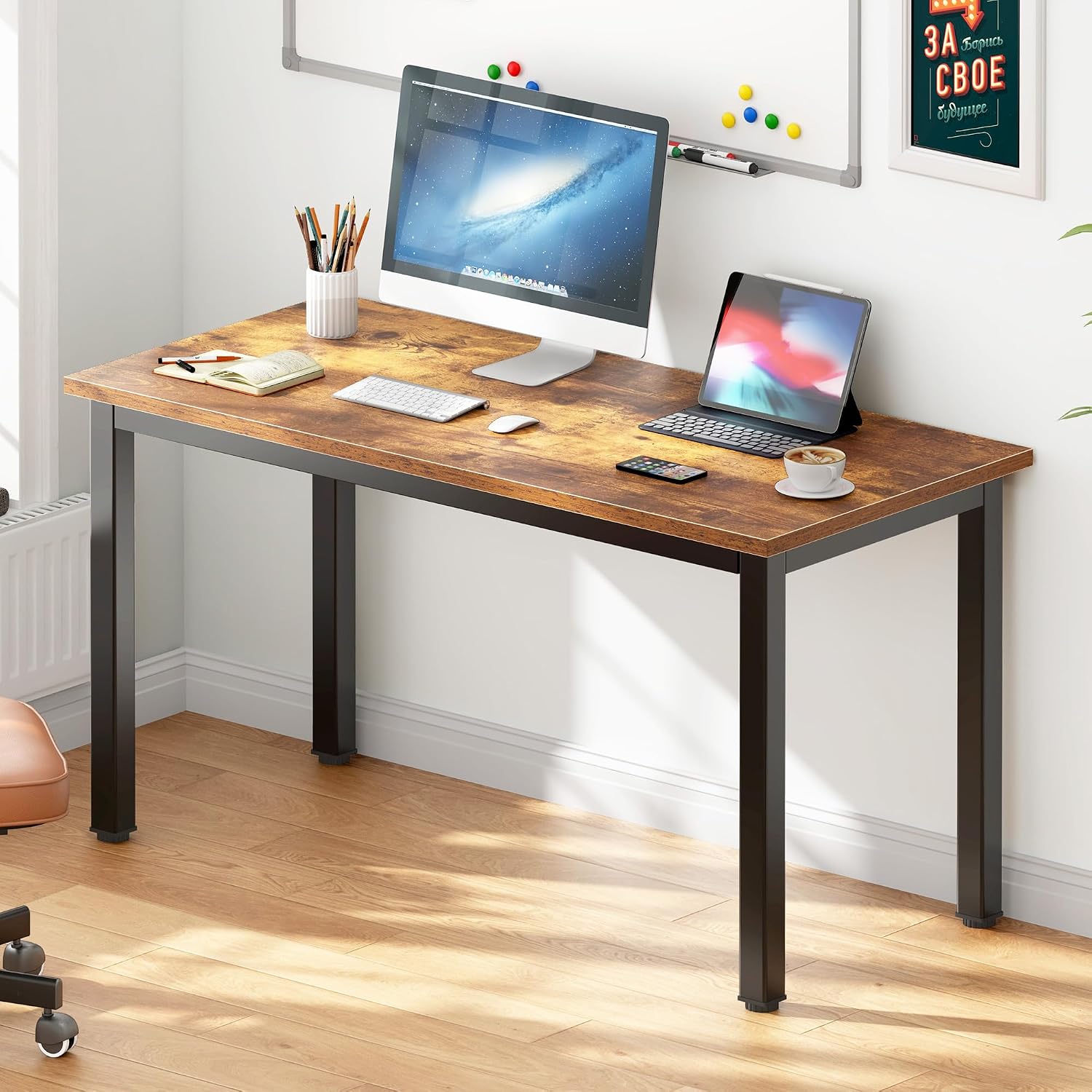 DlandHome 47 inches Medium Computer Desk for Bedroom, Retro