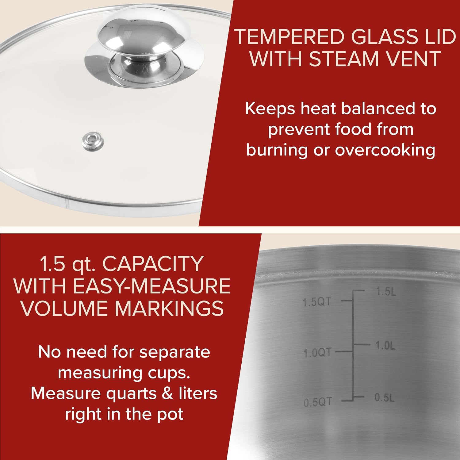 6 Cup Double Boiler Pot Set – 1.5 Quart Stainless-Steel Saucepan 2-in-1 with Vented Glass Lid – Kitchen Cookware with Measurements by Classic