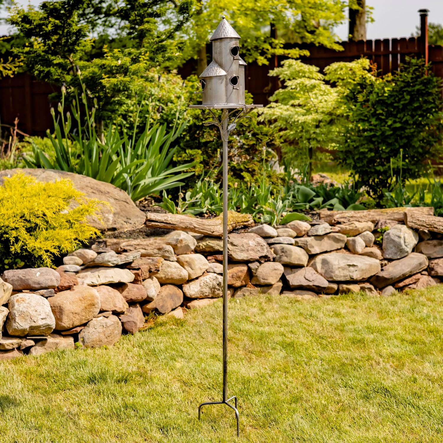 Large Copper Colored Multi-Birdhouse Stakes, Room for 4 Bird Families in Each (Cube Homes with Pyramid Roofs)