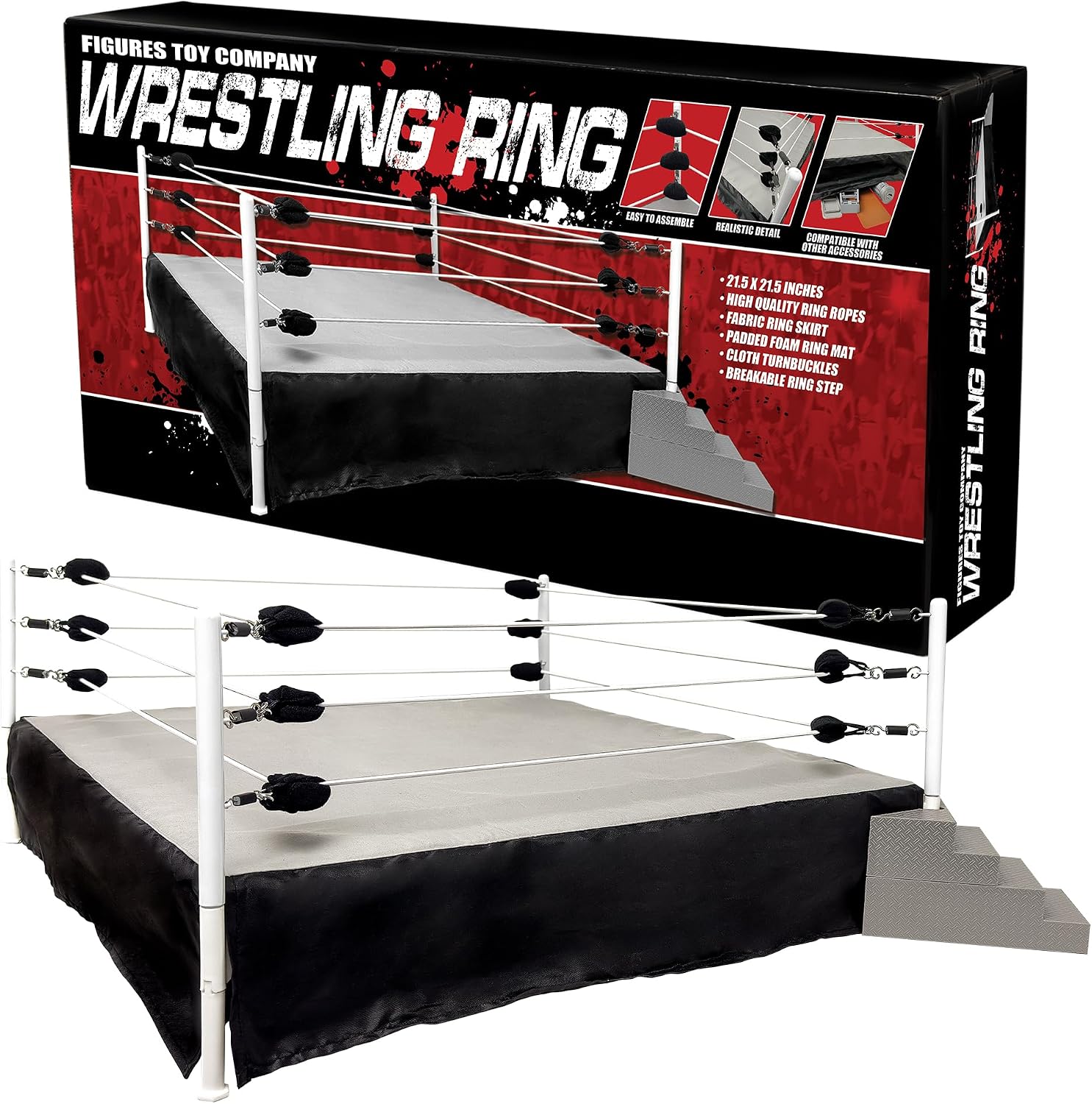 Ultimate Wrestling Ring Playset With Barricade, Ring & Commentators Tables | Build a Complete Wrestling Figure Arena with a 21.5 Inch Ring