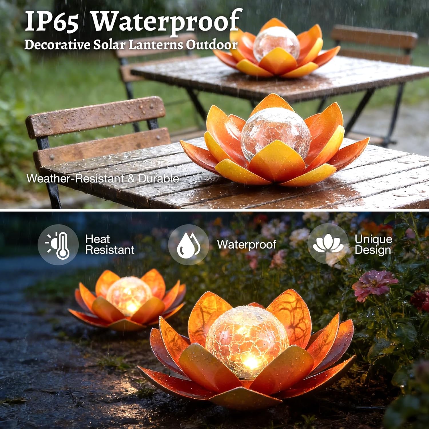 Huaxu Solar Lights Outdoor Garden, Crackle Globe Glass Lotus Decor, Waterproof LED Metal Flower Decorations for Patio,Lawn,Walkway,Tabletop,Ground