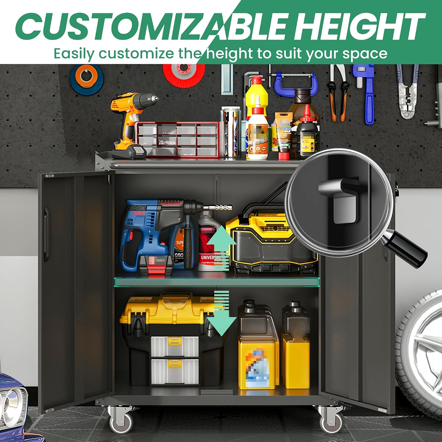 Garage Cabinets,Metal Garage Storage Cabinet with Wheels,Black Lockable Rolling Tool Cabinet with Drawer and Adjustable Shelves,Heavy Duty Tool Chest for Home Office Utility Room