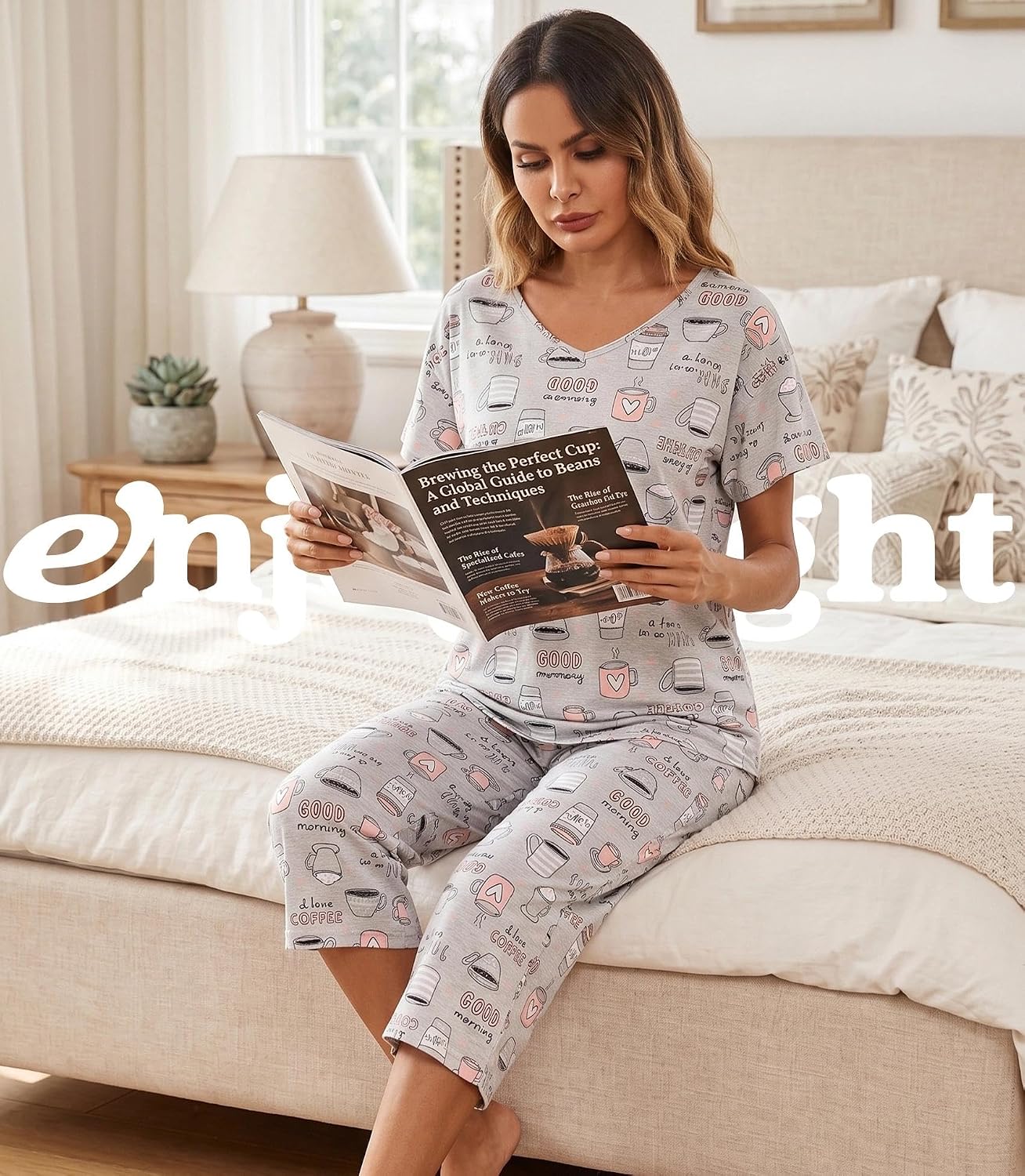 ENJOYNIGHT Womens Pajama Set Cotton Short Sleeve Top With Capri Pants Pj