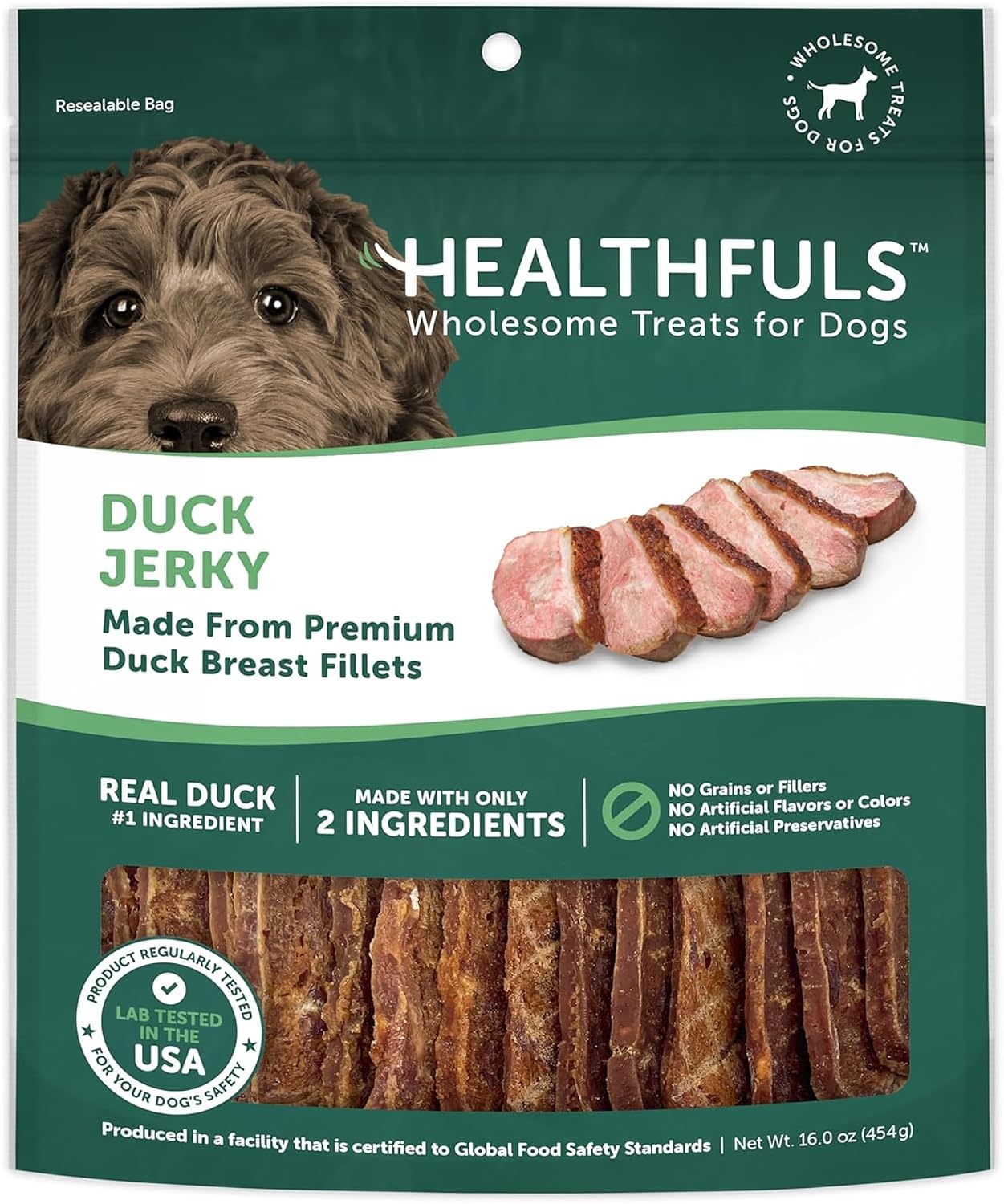 Healthfuls Duck Jerky Healthy Dog Treats – Grain Free, Real Duck Breast Fillets, No Fillers or Artificial Ingredients, All Life Stages – 16 ounces