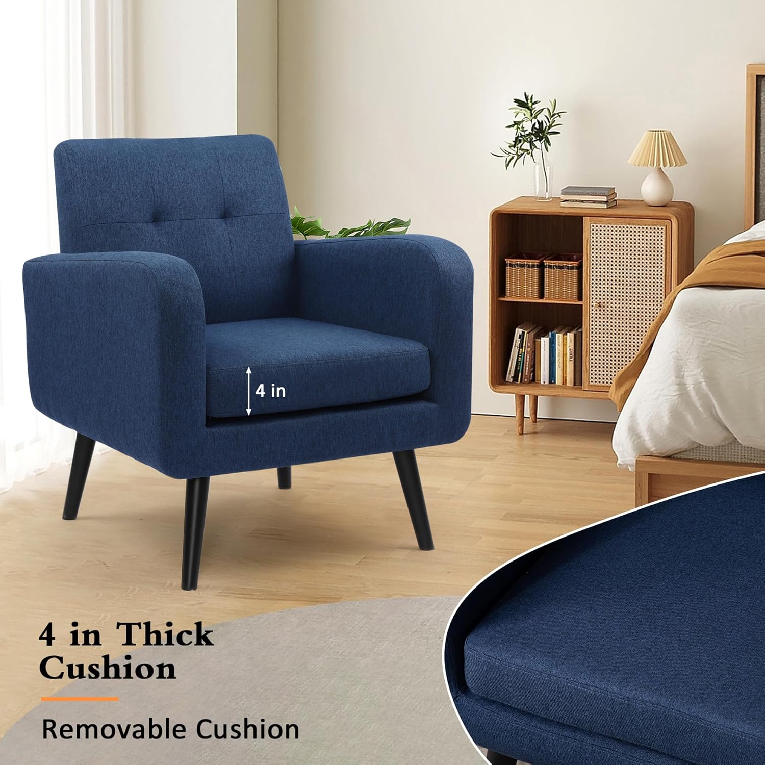 LSSPAID Modern Accent Chairs, Upholstered Fabric Cozy Armchairs, Living Room Side Chair with Solid Wood Legs, Blue