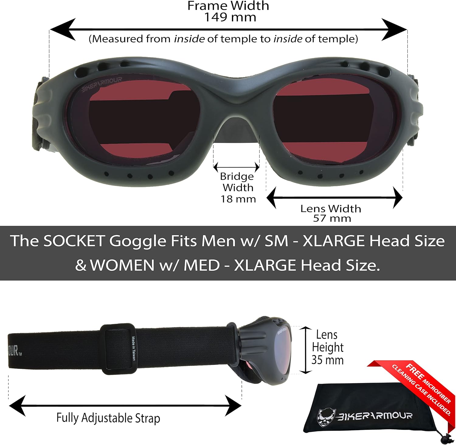 Bikershades Motorcycle Safety Riding Goggles Men Women. Polarized Lens, Smoke, Mirrored Blue or Orange, Clear Yellow Lenses