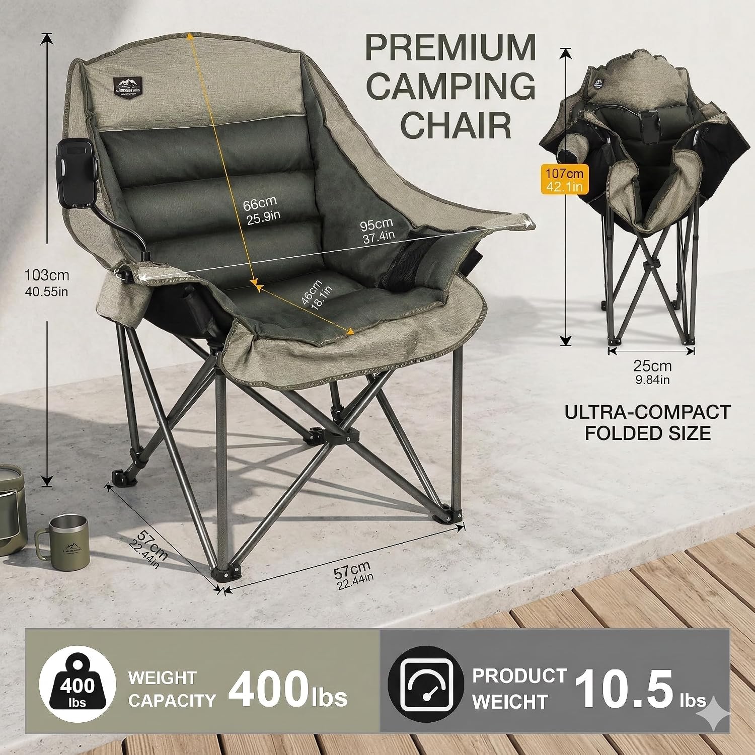 Oversized XL Folding Camping Chair,Heavy Duty Support 400Lbs,Large Comfy Padded Camp Chair for Adults,Lawn Arm Chair w/Cup Holder,Phone Holder,Carry Bag Perfect for Outdoor (Brown