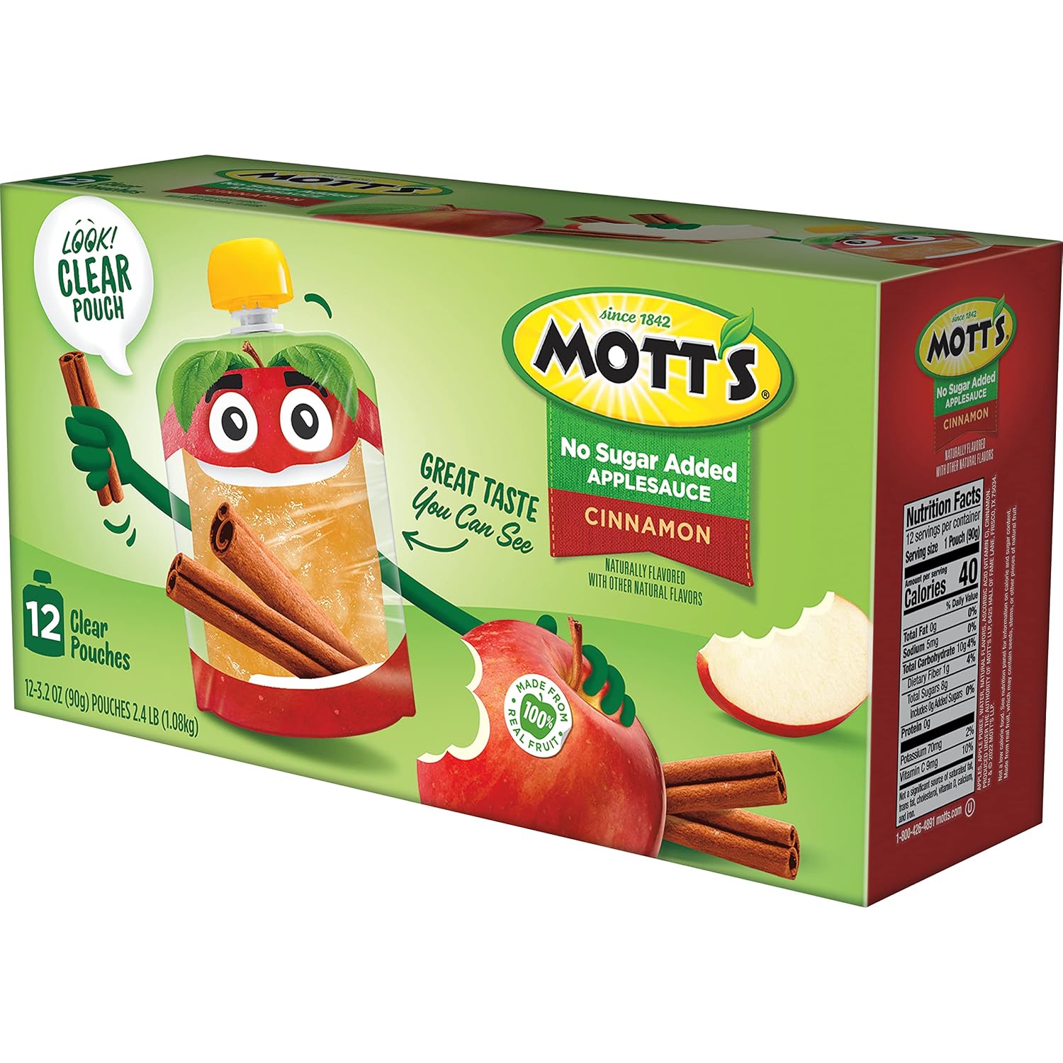 Mott's No Sugar Added Strawberry Applesauce, 3.2 Oz Clear Pouches, 48 Count (4 Packs Of 12), Good Source Of Vitamin C, No Artificial Flavors