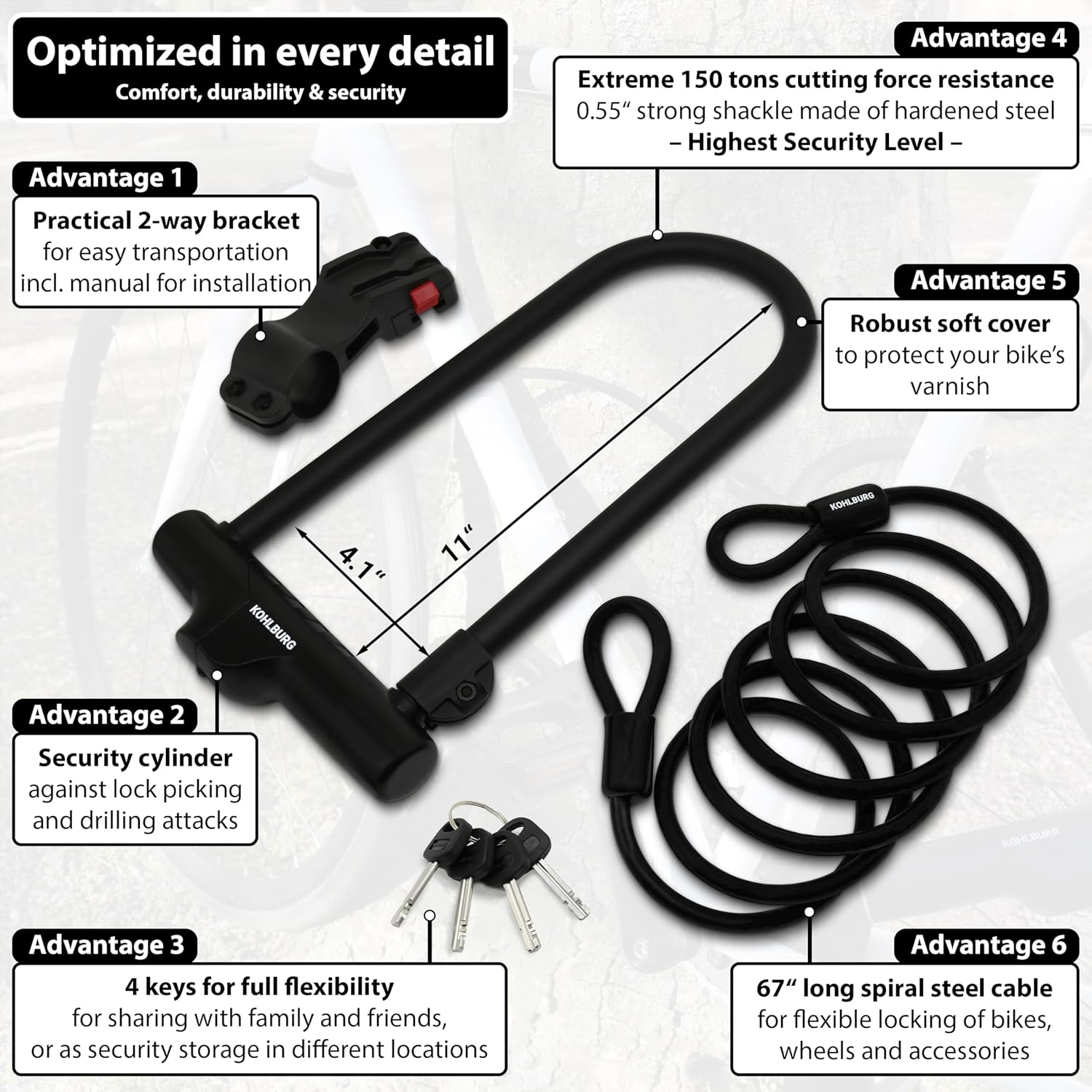KOHLBURG Highest Security U Lock [Sold Secure Diamond] Bike Lock, 4 Keys