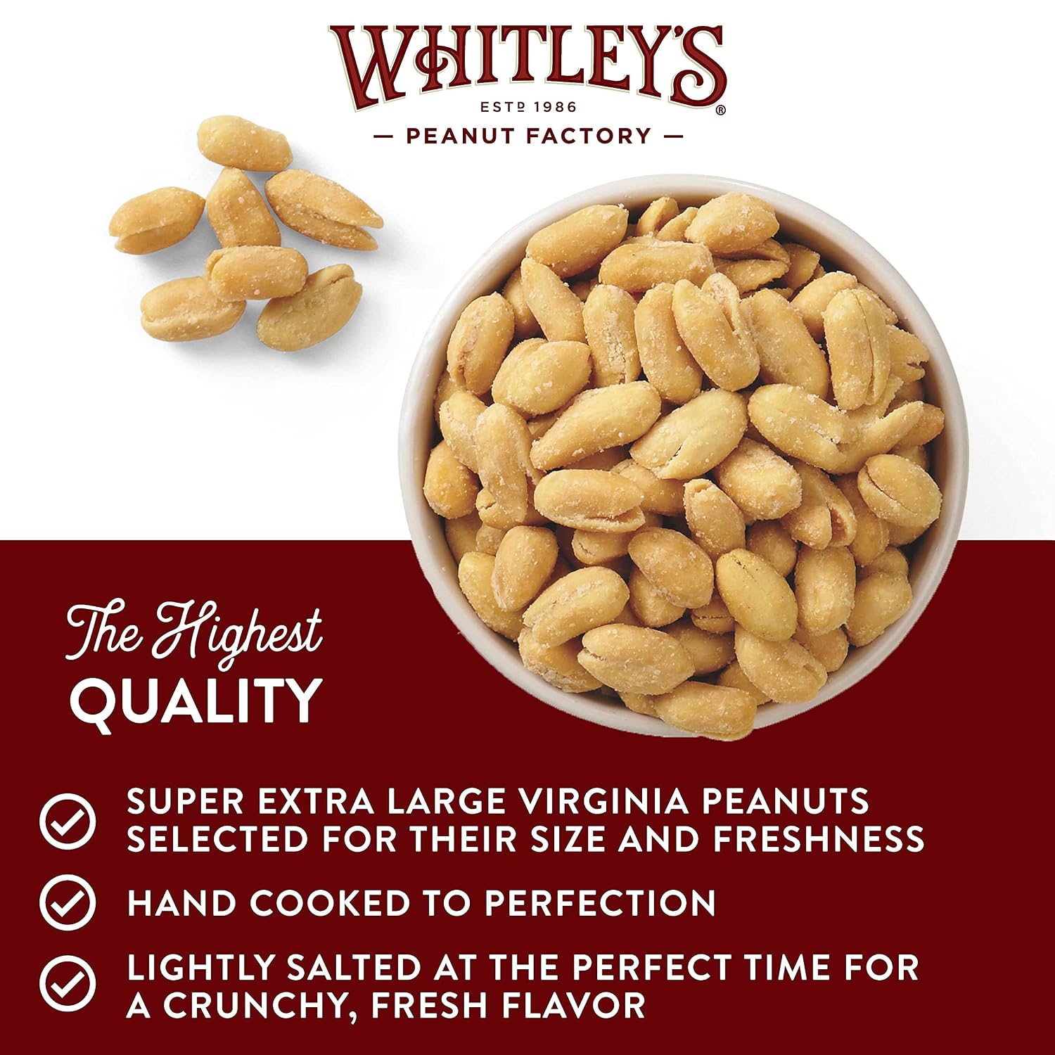Whitley’s Salted Virginia Peanuts, Super Extra Large, Home Cooked 40 oz | Small Batch Roasted, Hand Seasoned, Vacuum-Sealed Tin, Coconut & Peanut Oil, Gluten Free, Cholesterol Free, 2.5 Pounds