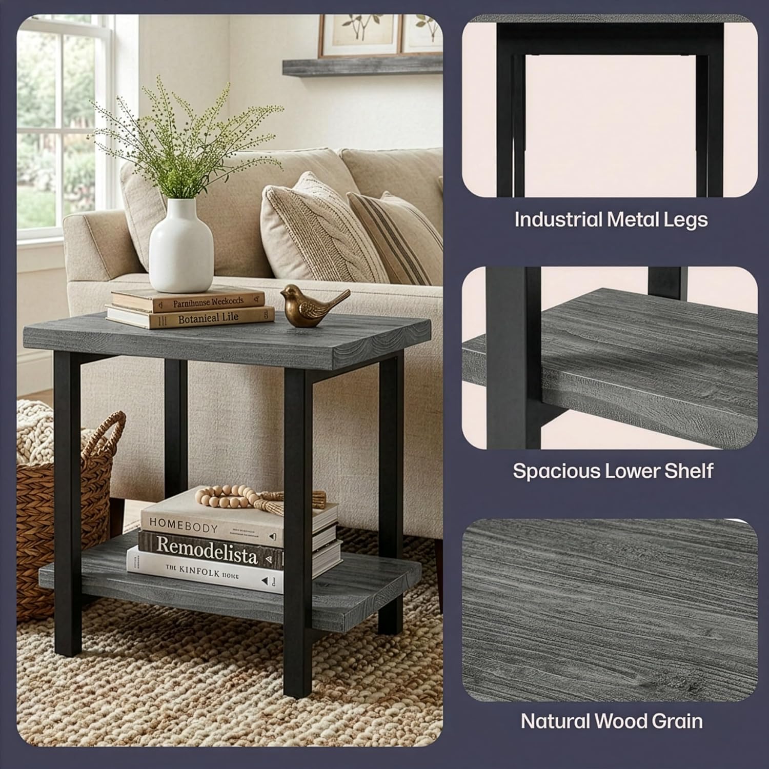 Alaterre Furniture Pomona Solid Wood 2-Tier End Table, Rustic Brown, 27” | Nightstand with Storage Shelf and Metal Legs, Industrial Farmhouse Chair Side Table for Living Room or Bedroom