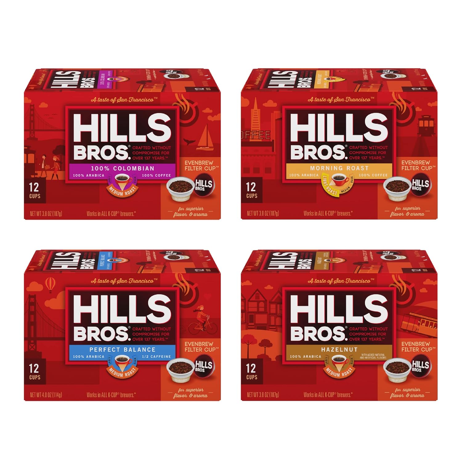 Hills Bros Single Serve Coffee Pods, 100% Colombian Ground Coffee, Medium Roast, 12 Count – Keurig Compatible, Roasted 100% Arabica Beans, Smooth Balanced Flavor