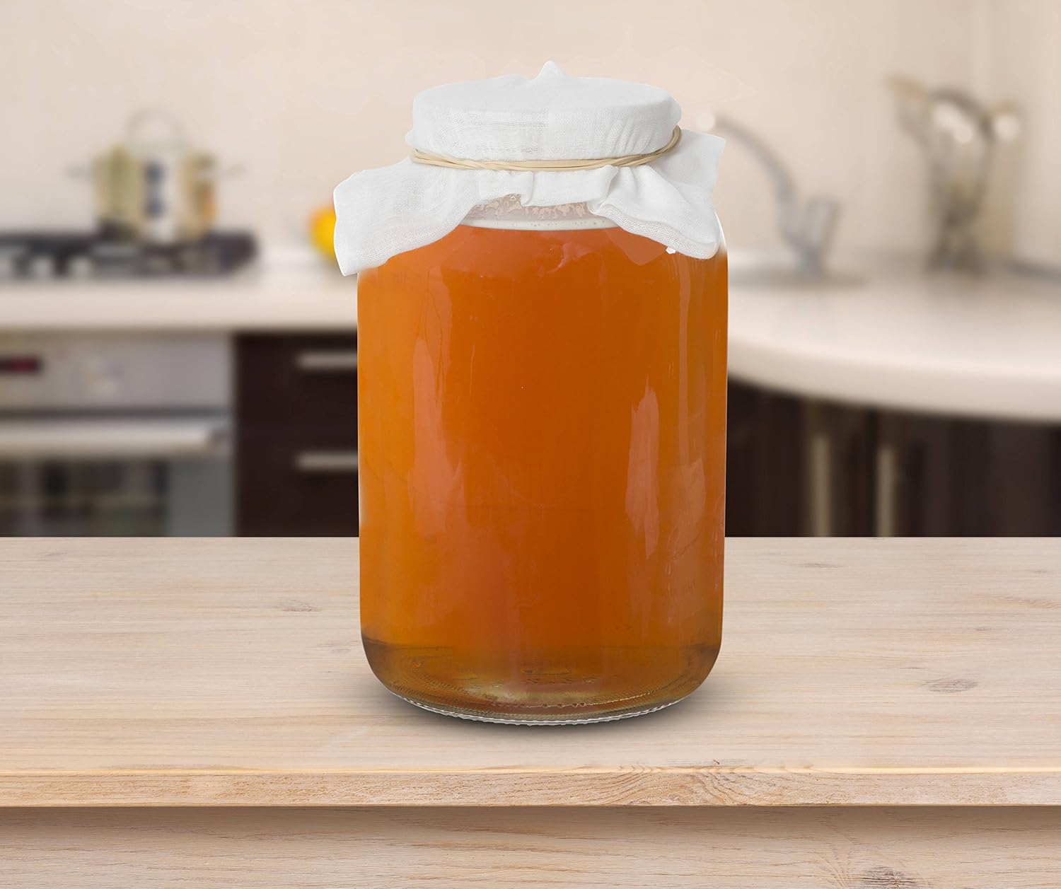 1 Gallon Glass Wide Mouth Kombucha Brewing Mason Jar - Home Brewing and Fermenting Kit with Cotton Cloth Filter, Rubber Band and Plastic Lid (1 Jar)