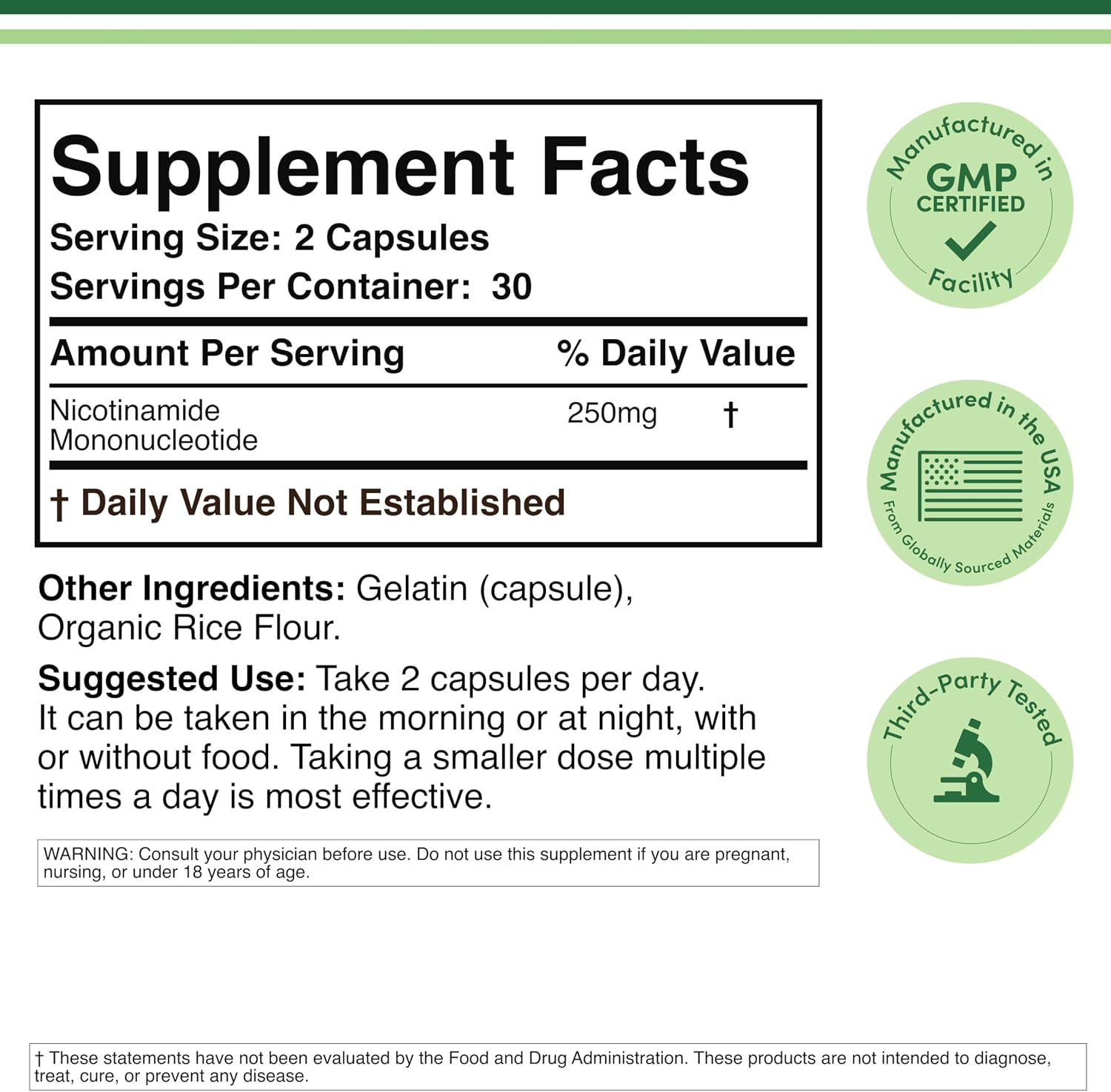 NMN 250mg per Serving, 99% Purity, Cellular Energy & Healthy Aging, 60 Caps | Supports Cellular Energy & NAD+, Antioxidant & Healthy Aging