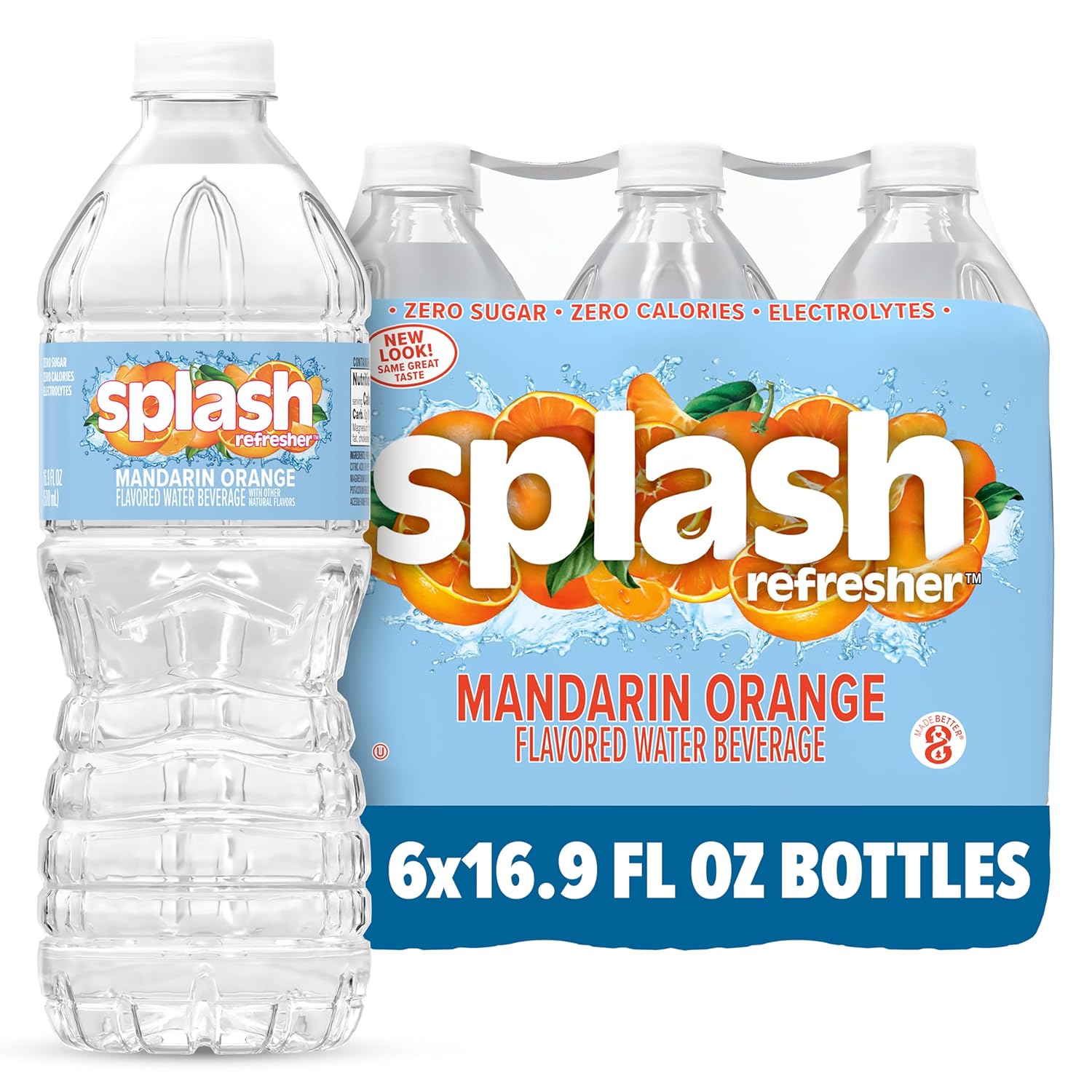 SPLASH REFRESHER Flavored Water Bottles, Mandarin Orange - 6 Pack | Refreshing Flavored Bottled Water with Electrolytes - Zero Sugar & Zero Calories - 16.9 Fl Oz