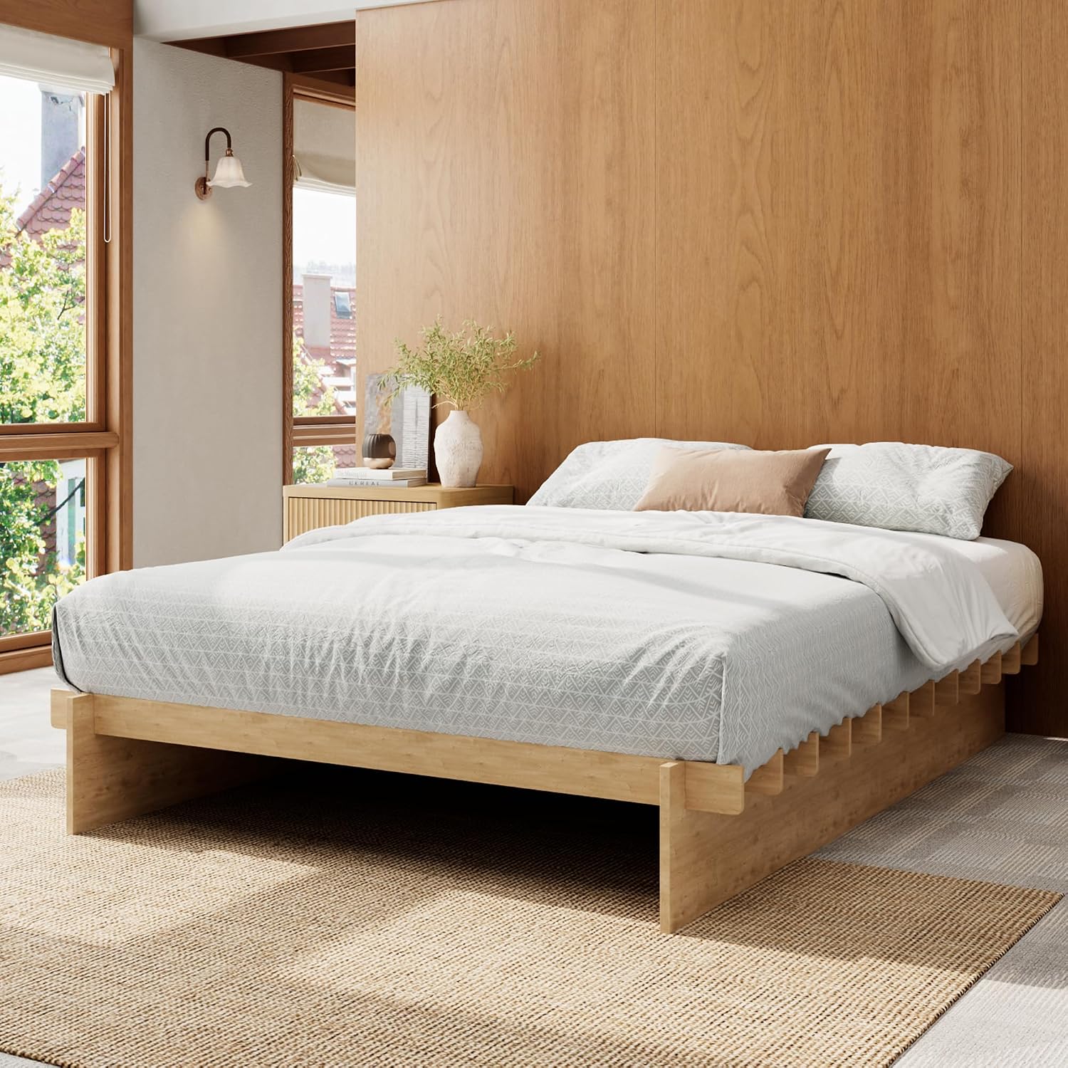 Brafab Tooless Queen Bed Frame, Wooden Japanese Joinery Platform Bed Frame | Wood Slat Support, Assembly in 10 Min, 8" Underbed Storage, No Box Spring Needed, Noise Free, Kid-Friendly Design, Natural