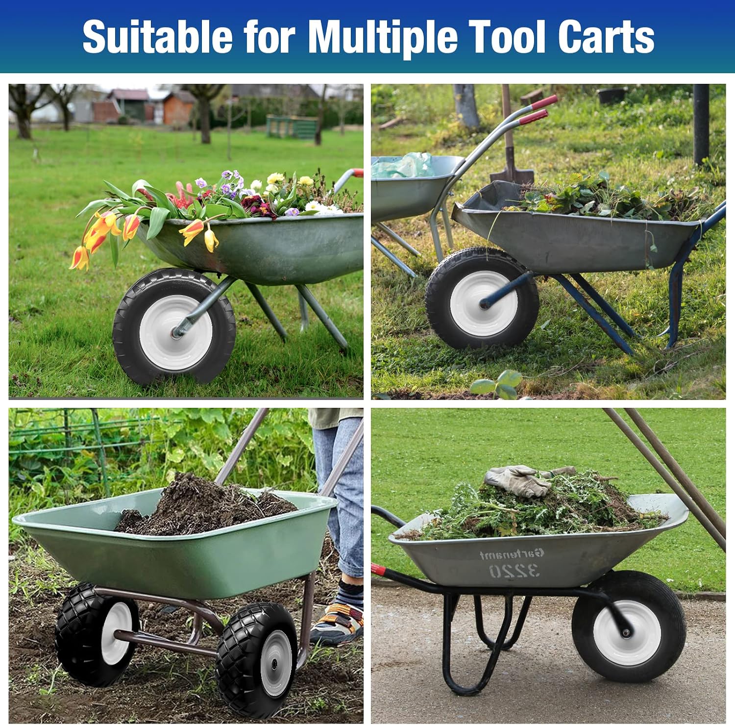 16" 4.80/4.00-8 Flat Free Solid Polyurethane Tire and Wheel with 2Pcs 3/4" Bearing, 1 Pack PU Airless Tires with 5/8" Ball Bearings 6" Iron Hub for Hand Truck/Tool Cart/Garden Carts, 1 Pc