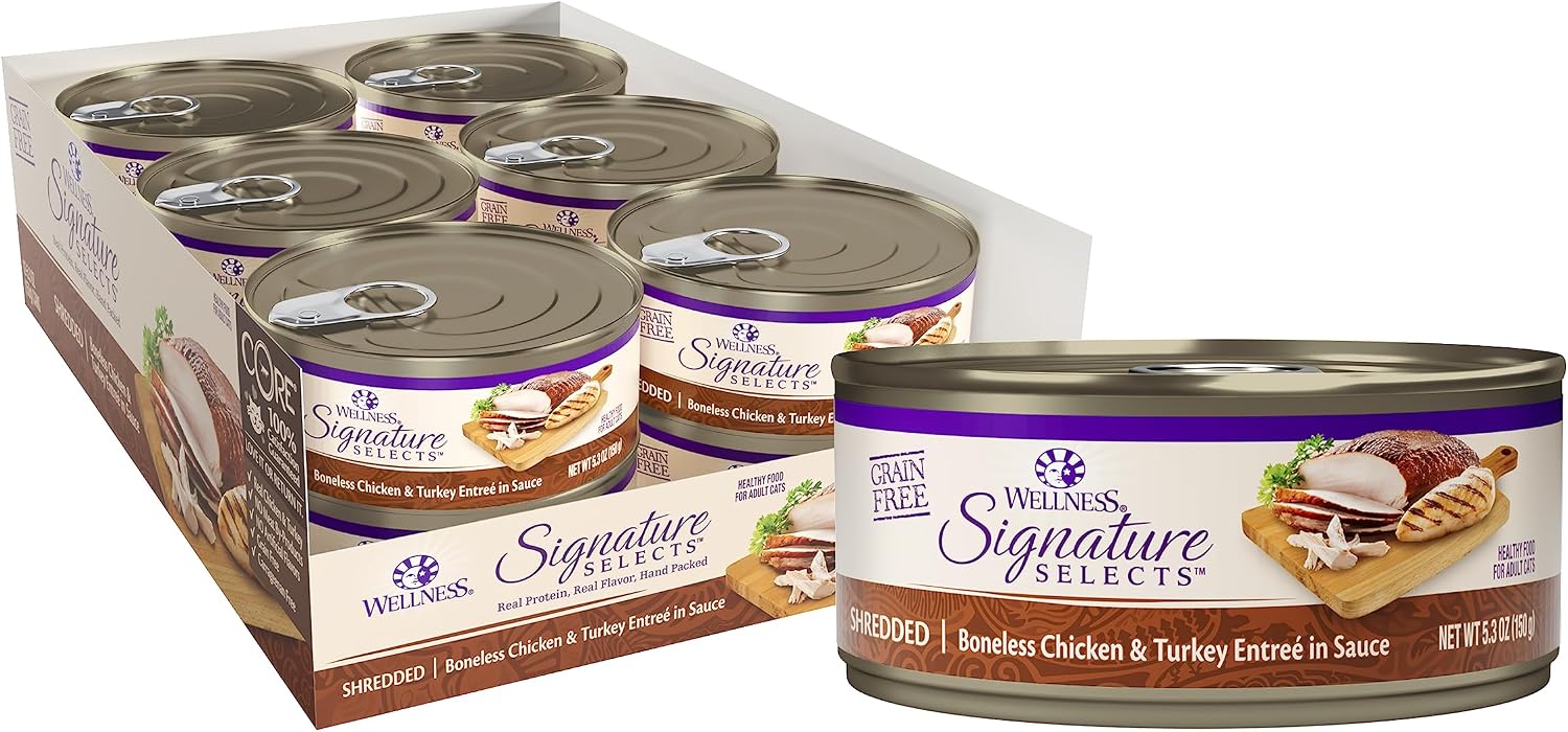Wellness CORE Signature Selects Shredded Adult Canned Wet Cat Food, Natural, Protein Rich, Grain Free, Chicken Entrée Recipe, 2.8 oz, Pack of 12 Cans