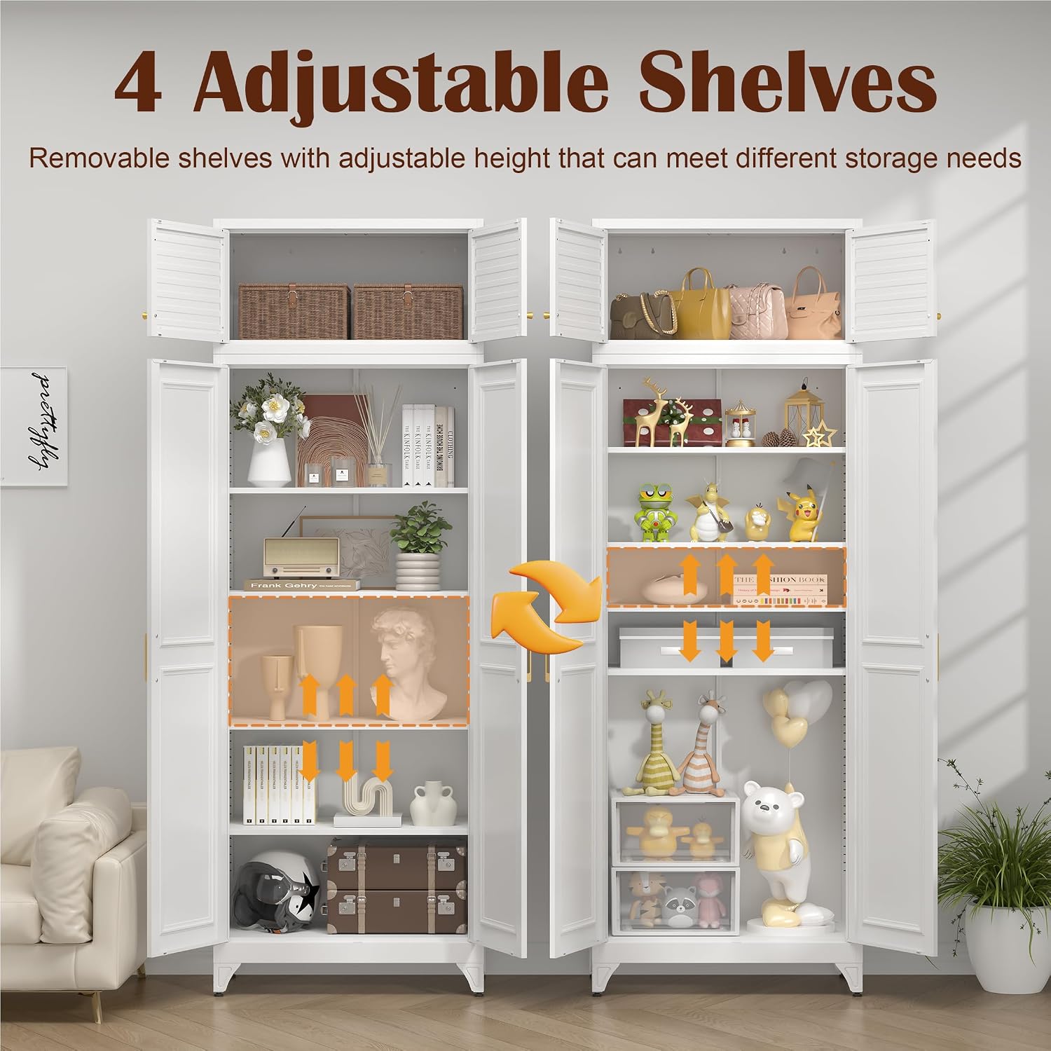 Steeloong 71"Metal Pantry Storage Cabinet with Doors & 4 Adjustable Shelves | Kitchen Pantry Cabinet,White Kitchen Cabinet with 2 Gold Handles,Tall Cabinet for Livingroom,Pantry, Bathroom,Kitchen