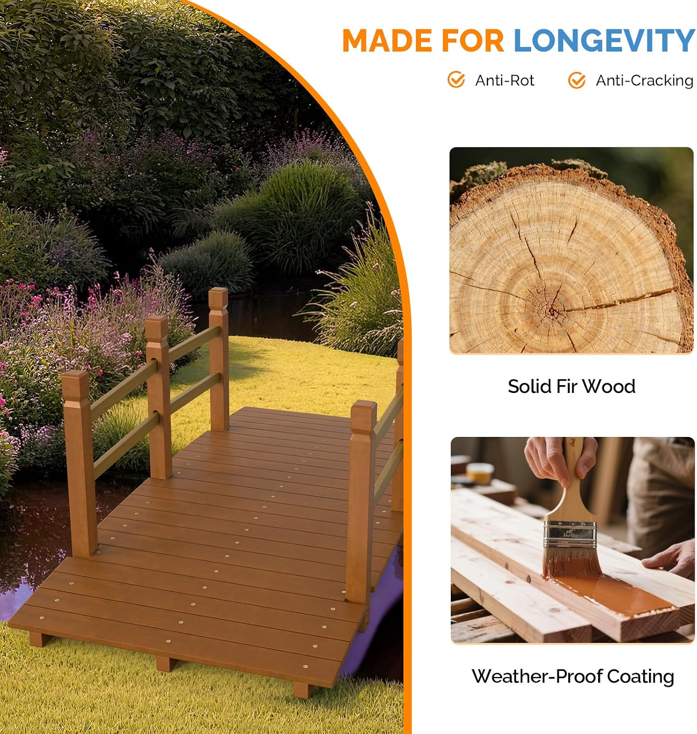 VINGLI 5 ft Garden Bridge, Classic Wooden Arch with Safety Rails Stained Finished Footbridge, Decorative Pond Landscaping, Backyard, Creek or Farm