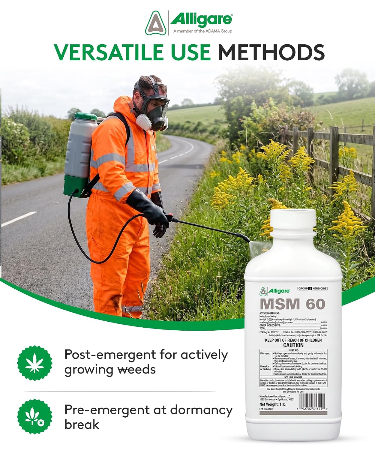ALLIGARE MSM 60 DF - Selective Broadleaf Brush and Weed Killer for Pastures, Rangelands, Forestry, Roadsides & Industrial Sites - Low Use Rates, Tank-Mix Compatible - 8 oz