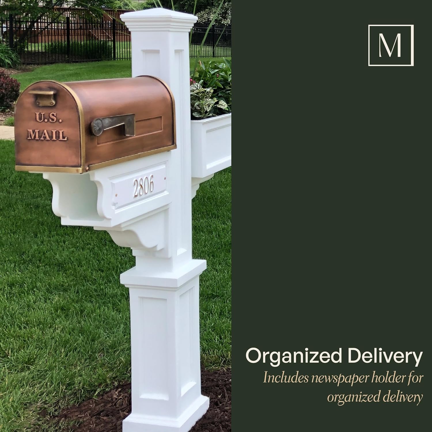 Mayne Signature Decorative Mail Post with Newspaper Holder & Planter, White | For post-mount mailboxes, Weather & fade resistant, All season, 15-year warranty