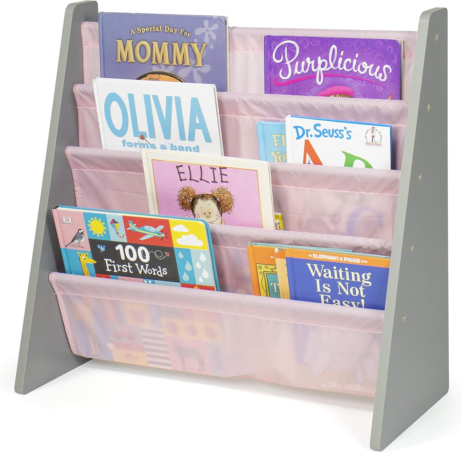 Humble Crew Kids Bookshelf, Montessori Front Facing Toddler Bookcase 4 Tier | Book display rack and reading nook organizer, nylon pockets show covers face out, compact for any playroom or bedroom space