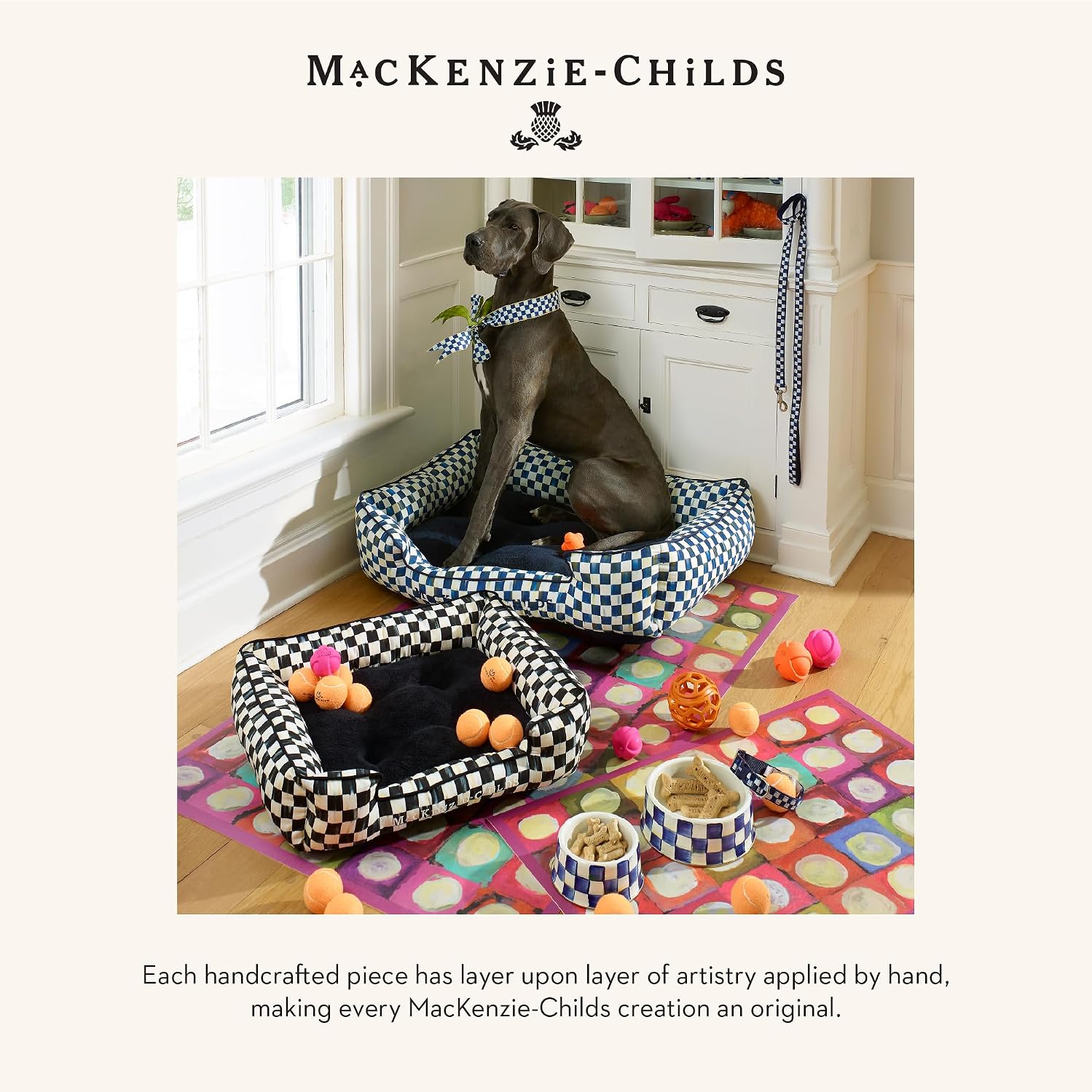 MACKENZIE-CHILDS Enamel Pet Dish, Large, Black-and-White Courtly Check | Decorative cat and dog bowl for food and water, 40-ounce capacity