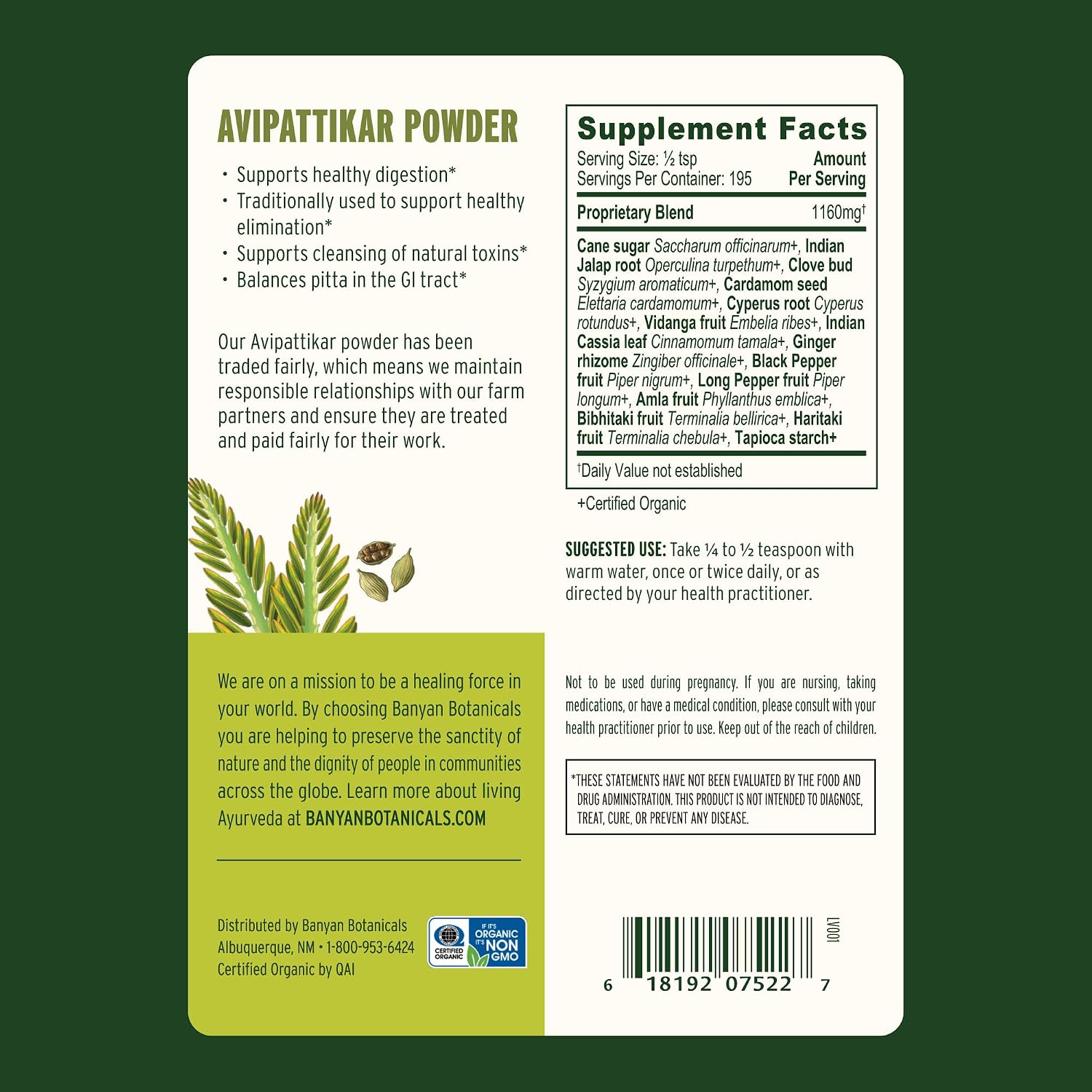 Banyan Botanicals Avipattikar Powder – Organic Digestion Supplement with Ginger, Cardamom & Vidanga ­­– Supports Healthy Stomach Acid Balance* – ½ lb. – Non-GMO Sustainably Sourced Vegan