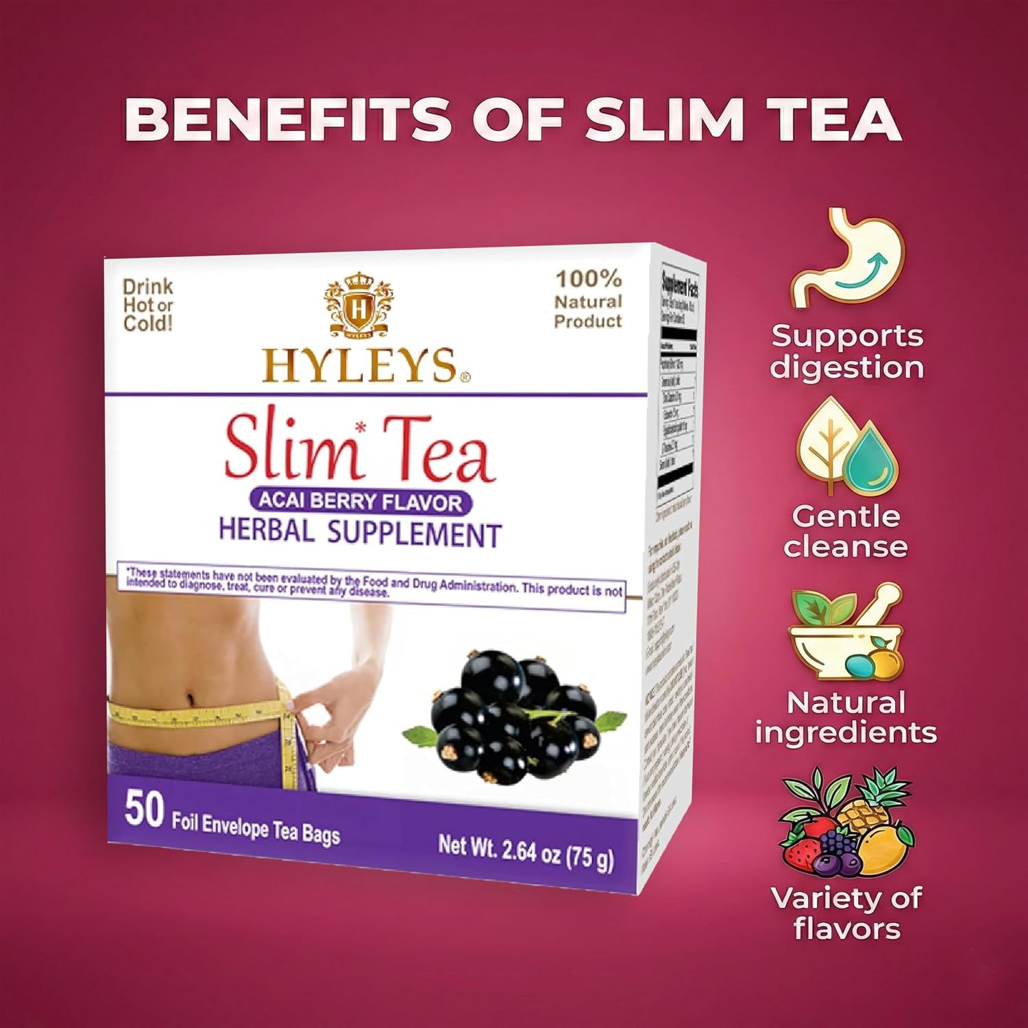 HYLEYS Slim Tea Goji Berry, Weight Loss Detox, Slimming Diet Tea, 25 Bags | Green Tea, Senna Detox & Cleanse, 3 Natural Ingredients, No Added Sugar, 1-Step Bedtime Routine, Supports Digestion