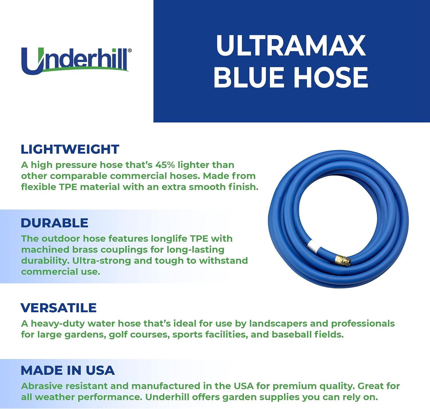 UltraMax Commercial Garden Water Hose 50 ft, Lightweight, Flexible, Anti-Kink, All Weather, 1200 psi, H75-050B, 3/4 Inch x 50 ft, Blue
