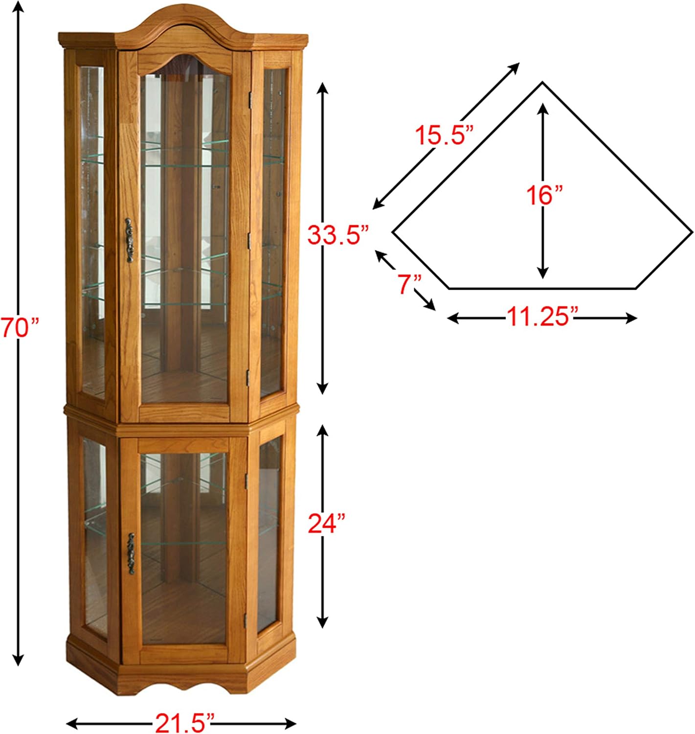 Home Decorators Collection Vitric Lighted Curio, 70" Hx21 Wx16 D, Golden Oak