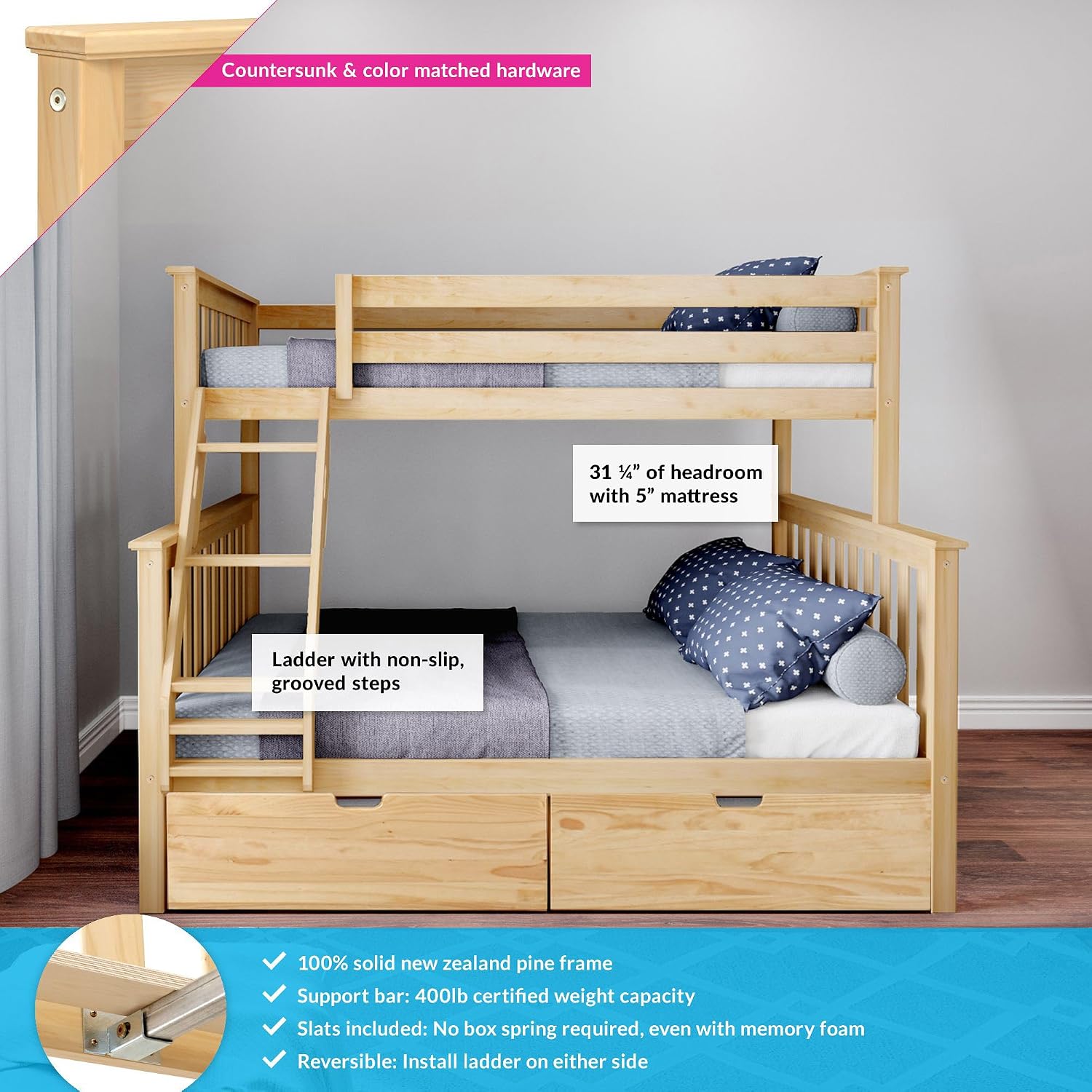 Max & Lily Bunk Bed Twin over Twin, Solid Wood Bunk Bed Frame with Ladder for Kids, 14" Safety Guardrails, Easy Assembly, No Box Spring Needed, White