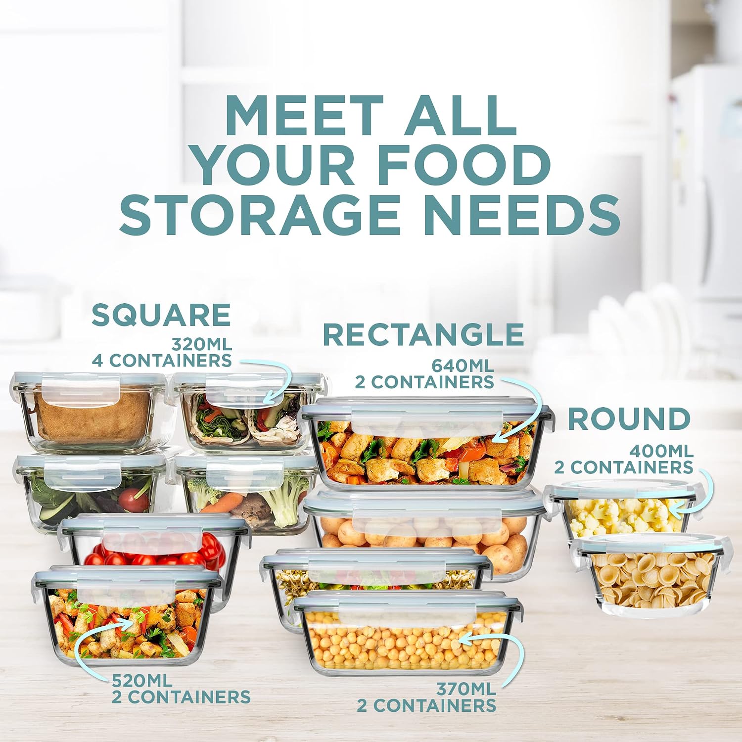 Razab 24 Pc Airtight Glass Food Storage Containers - Glass Meal Prep Containers - Freezer to Oven Safe - Steam Release Valve BPA Free - Airtight