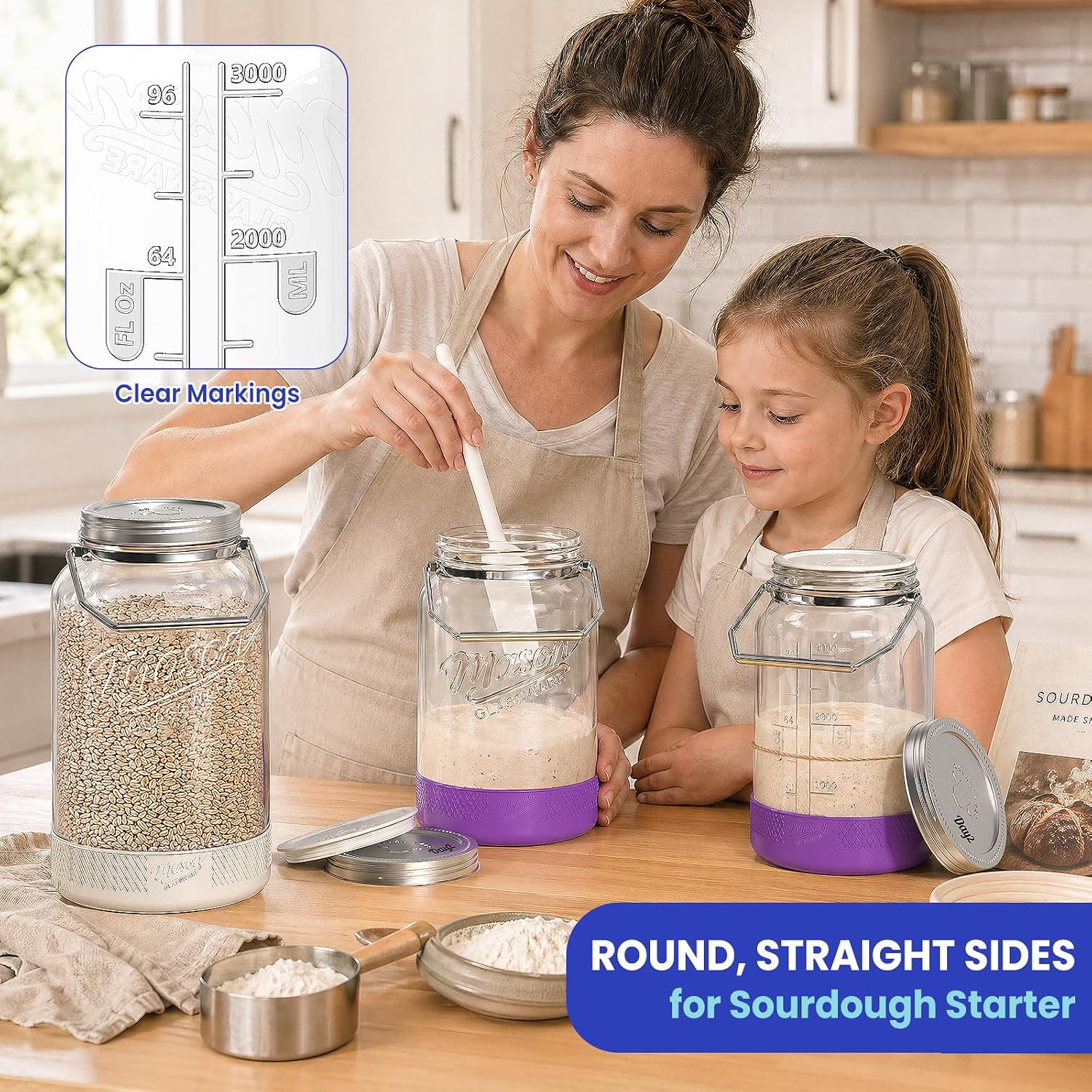 1 Gallon Glass Jars with Lids, 2 Pack Wide Mouth Mason Jars, 138 oz