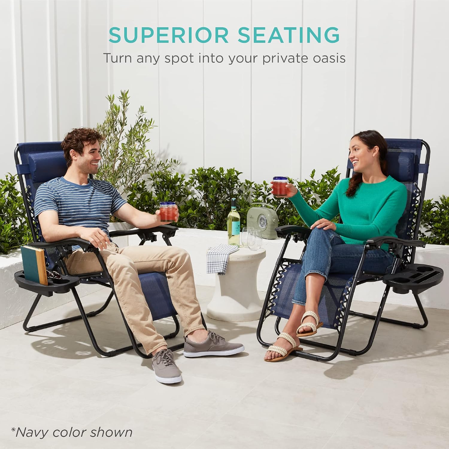 Best Choice Products Set of 2 Adjustable Steel Mesh Zero Gravity Lounge Chair Recliners w/Pillows and Cup Holder Trays - Light Blue