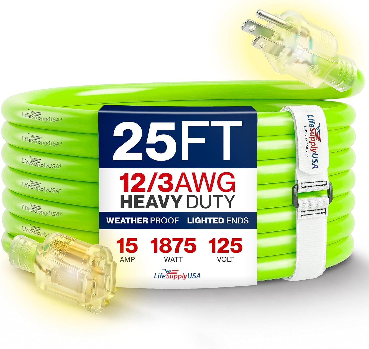 25ft Outdoor/Indoor Extension Cord 12/3 Gauge Extra Heavy Duty 3 Prong SJTW, Waterproof, Flexible Cold-Resistant Long Power Cord,15A 125V 1875W, Yellow by LifeSupplyUSA