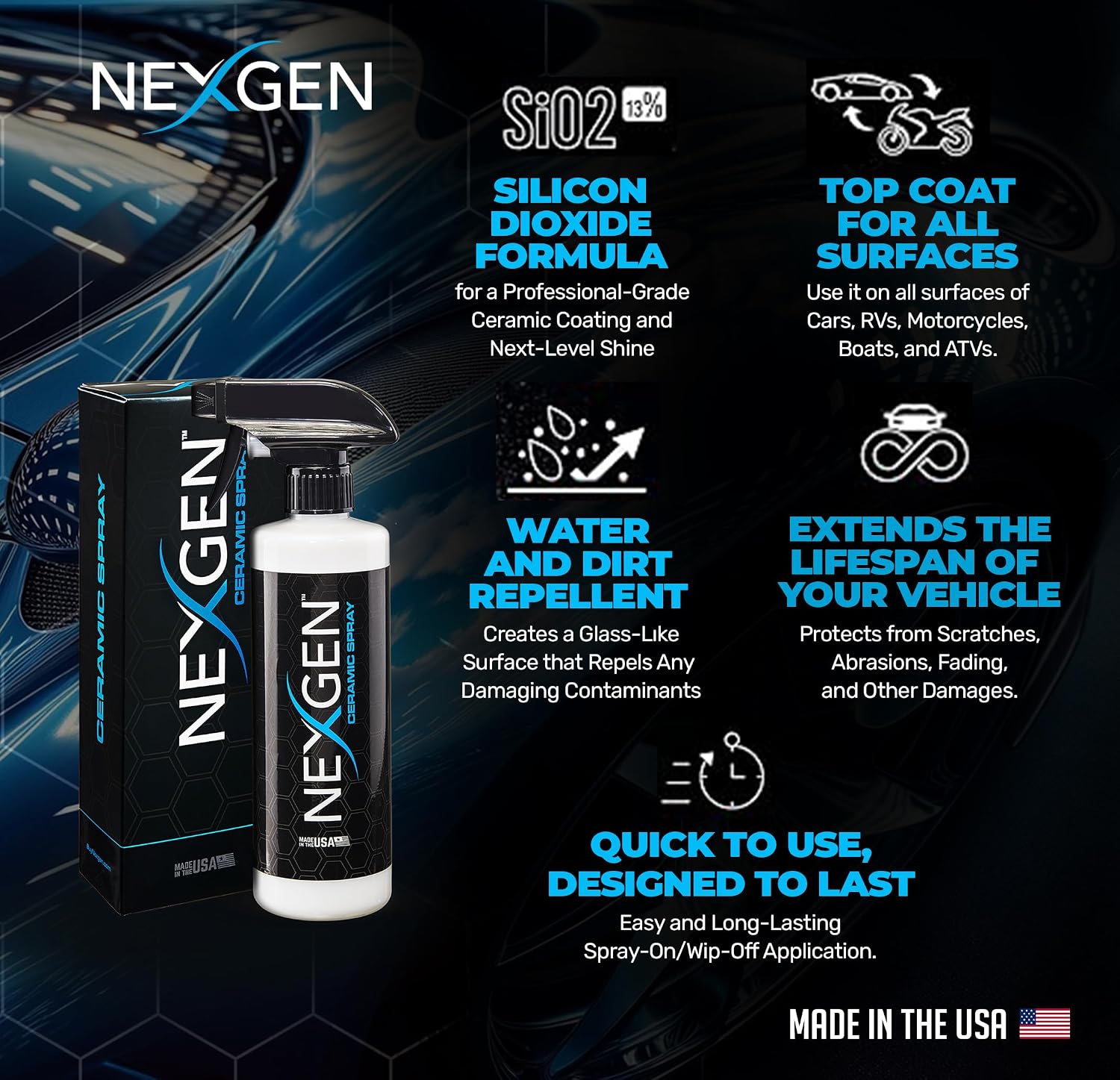 Nexgen Ceramic Spray Silicon Dioxide, Easy to Apply Ceramic Coating Spray for Cars, 16 oz | Professional-Grade Protective Sealant Polish for Cars, RVs
