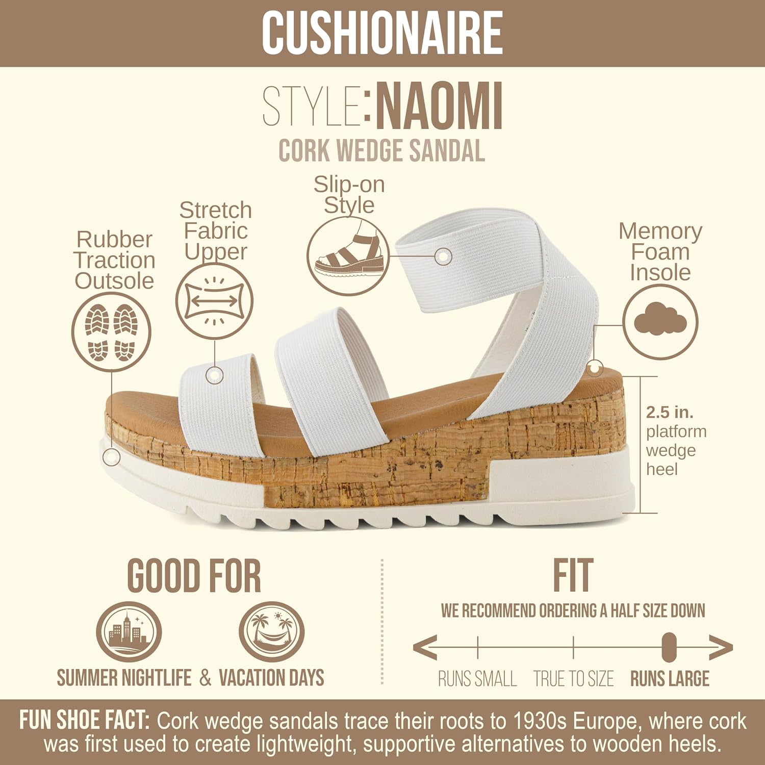 CUSHIONAIRE Naomi Cork Wedge Sandals for Women – Soft Stretch Straps Comfortable Platform Sandals for Women with Memory Foam Insole